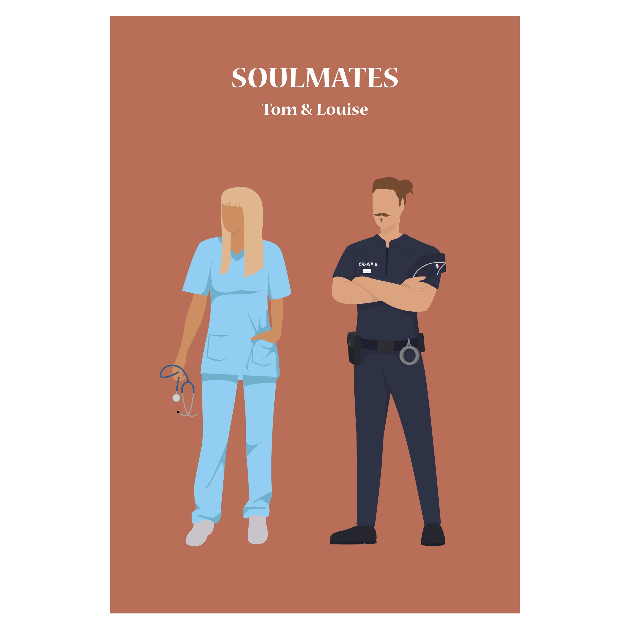 Affiche décorative personnalisable illustrant un couple en tenue professionnelle, représentant leurs métiers respectifs.