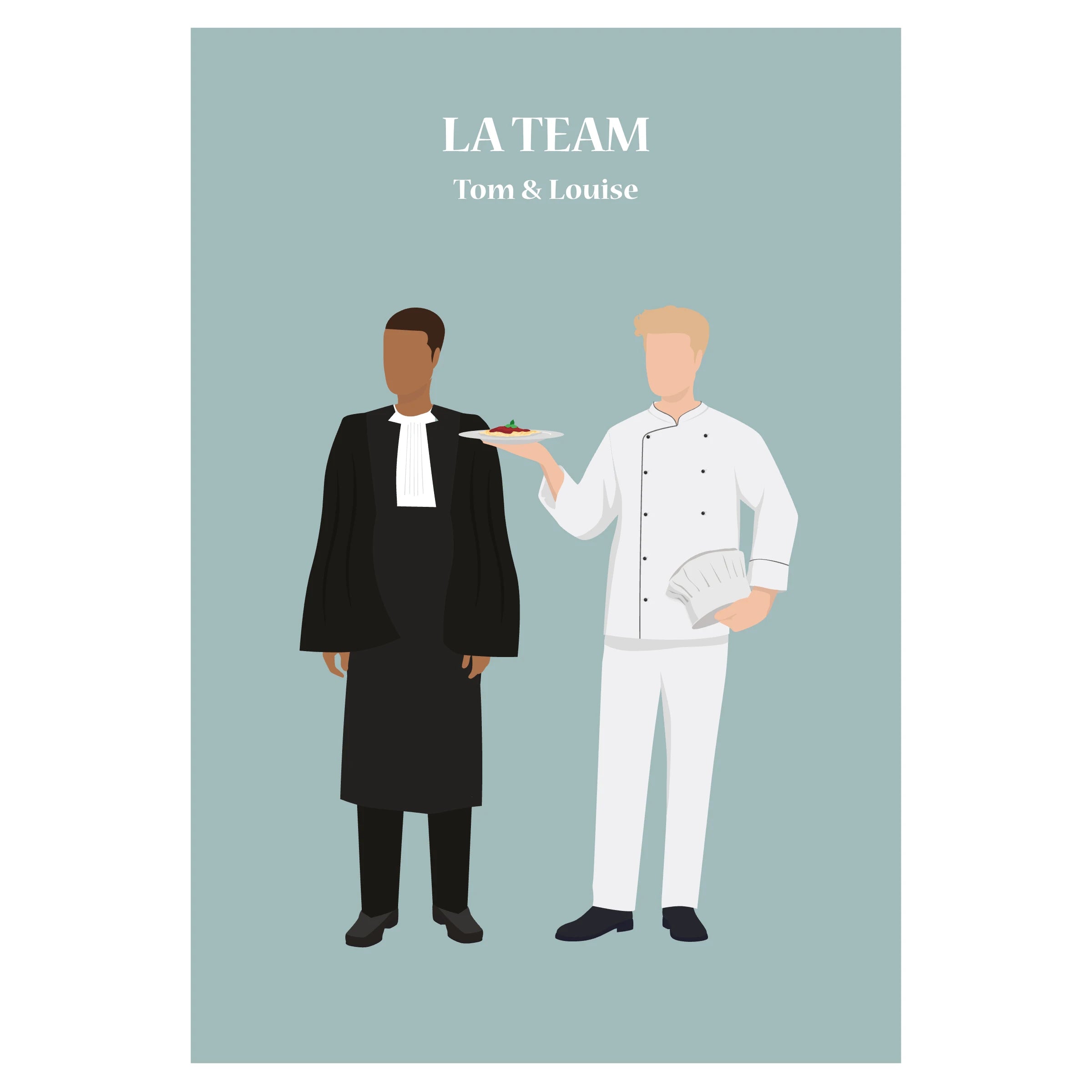 Affiche décorative personnalisable illustrant un couple en tenue professionnelle, représentant leurs métiers respectifs.