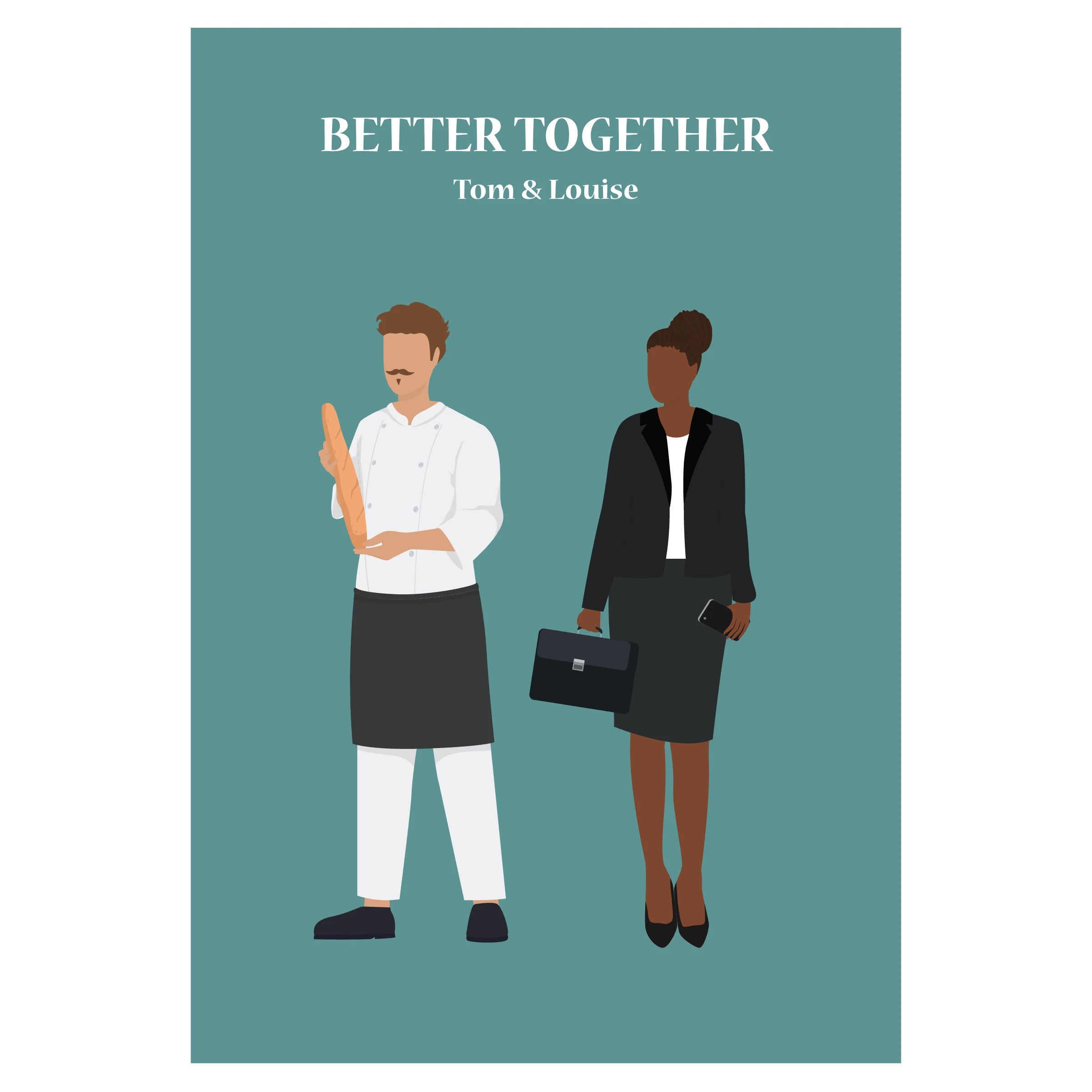 Affiche décorative personnalisable illustrant un couple en tenue professionnelle, représentant leurs métiers respectifs.