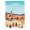 Affiche personnalisable représentant une famille assise face au centre-ville de Madrid, avec ses bâtiments emblématiques