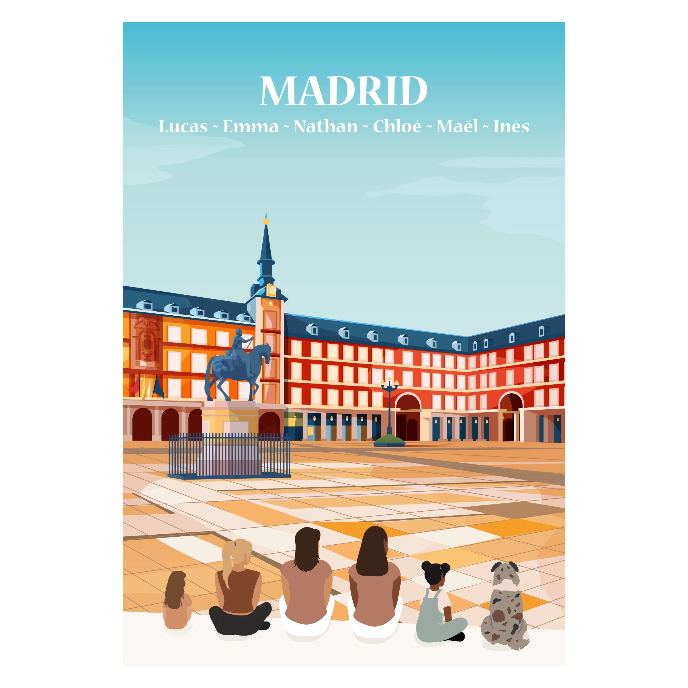 Affiche personnalisable représentant une famille assise face au centre-ville de Madrid, avec ses bâtiments emblématiques