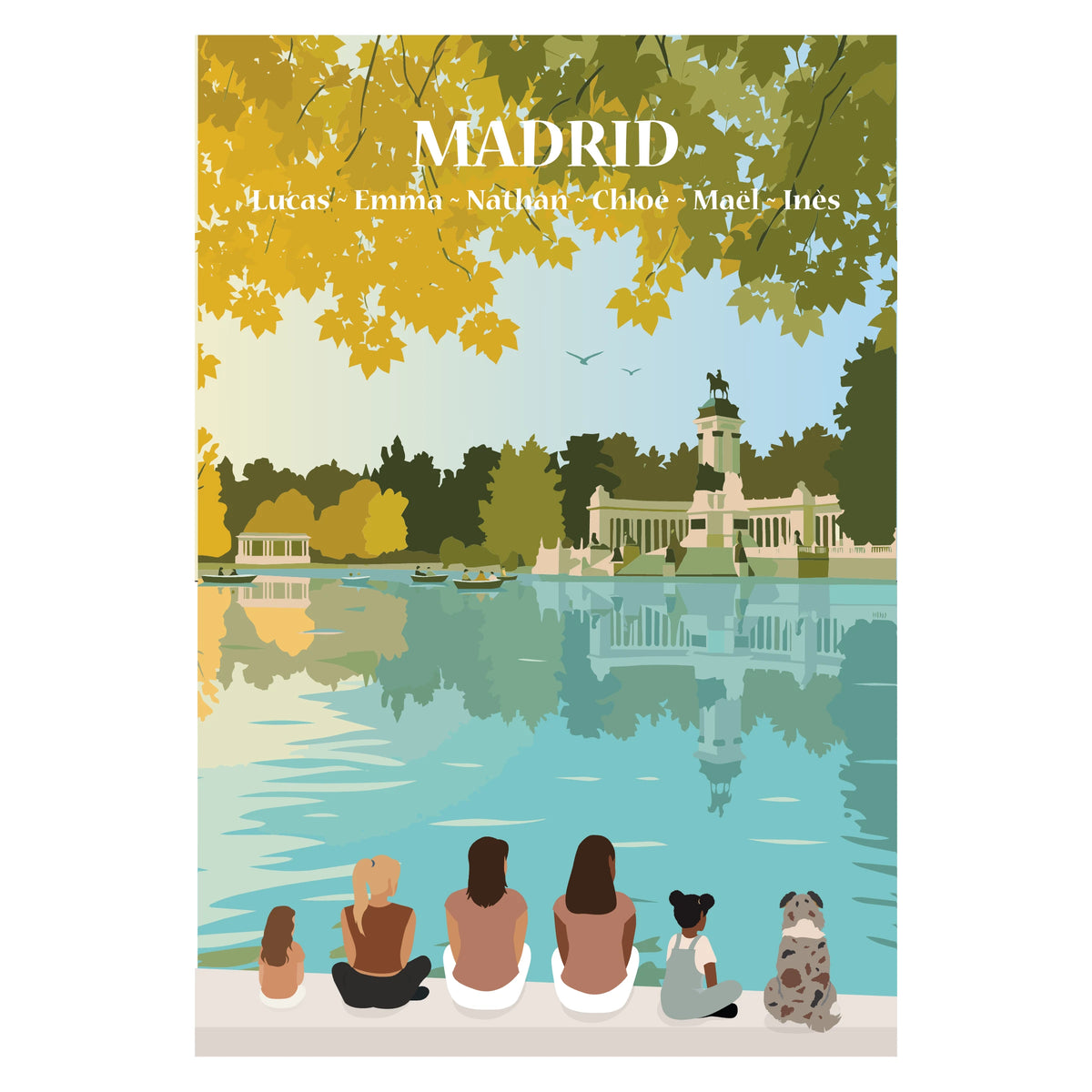 Affiche personnalisable représentant une famille assise face au centre-ville de Madrid, avec ses bâtiments emblématiques