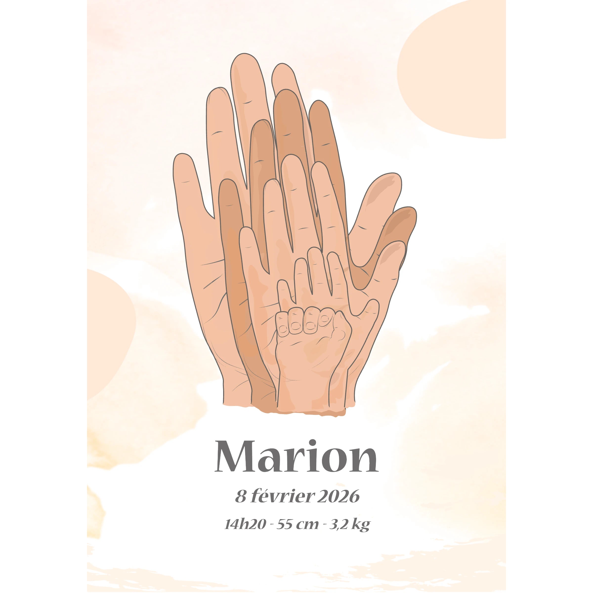 Affiche illustrée personnalisée représentant une famille à travers des mains unies, célébrant une naissance avec le prénom du bébé.