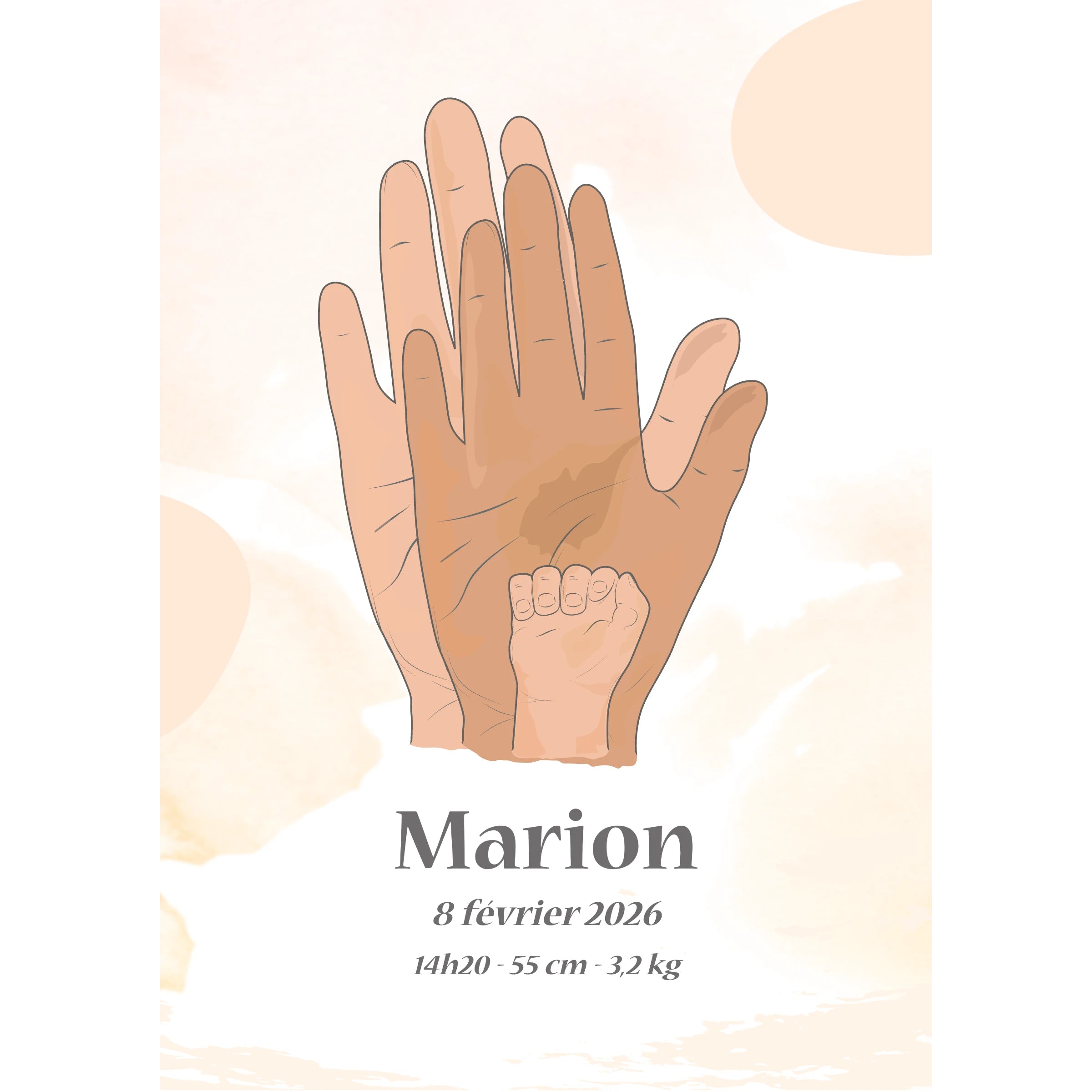 Affiche illustrée personnalisée représentant une famille à travers des mains unies, célébrant une naissance avec le prénom du bébé.
