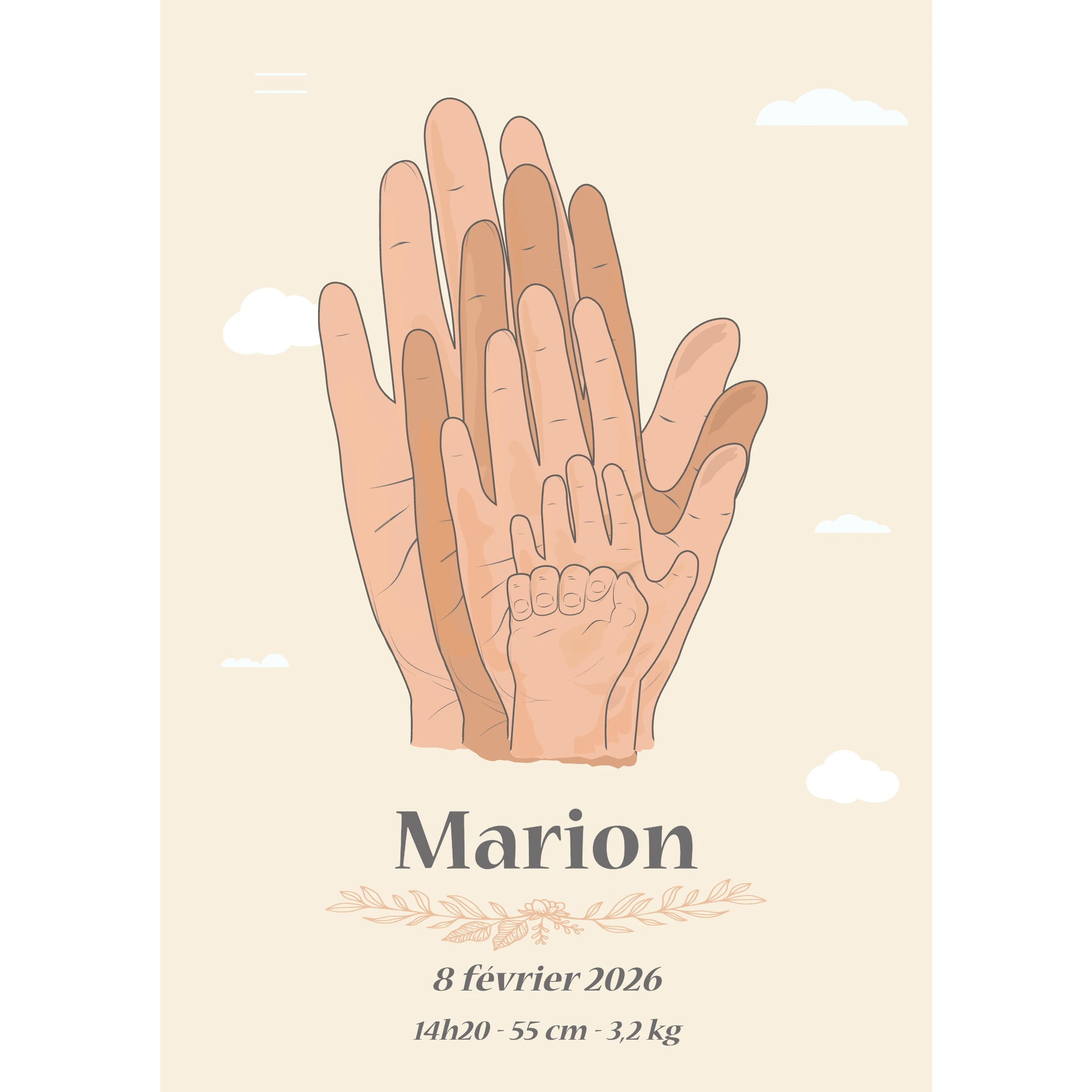 Affiche illustrée personnalisée représentant une famille à travers des mains unies, célébrant une naissance avec le prénom du bébé.