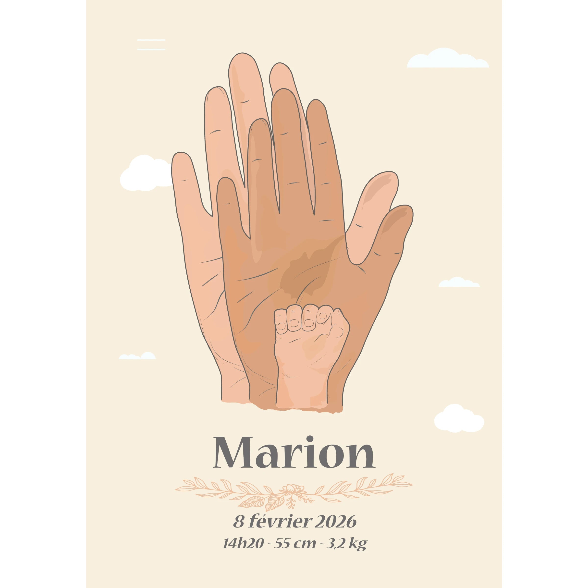 Affiche illustrée personnalisée représentant une famille à travers des mains unies, célébrant une naissance avec le prénom du bébé.