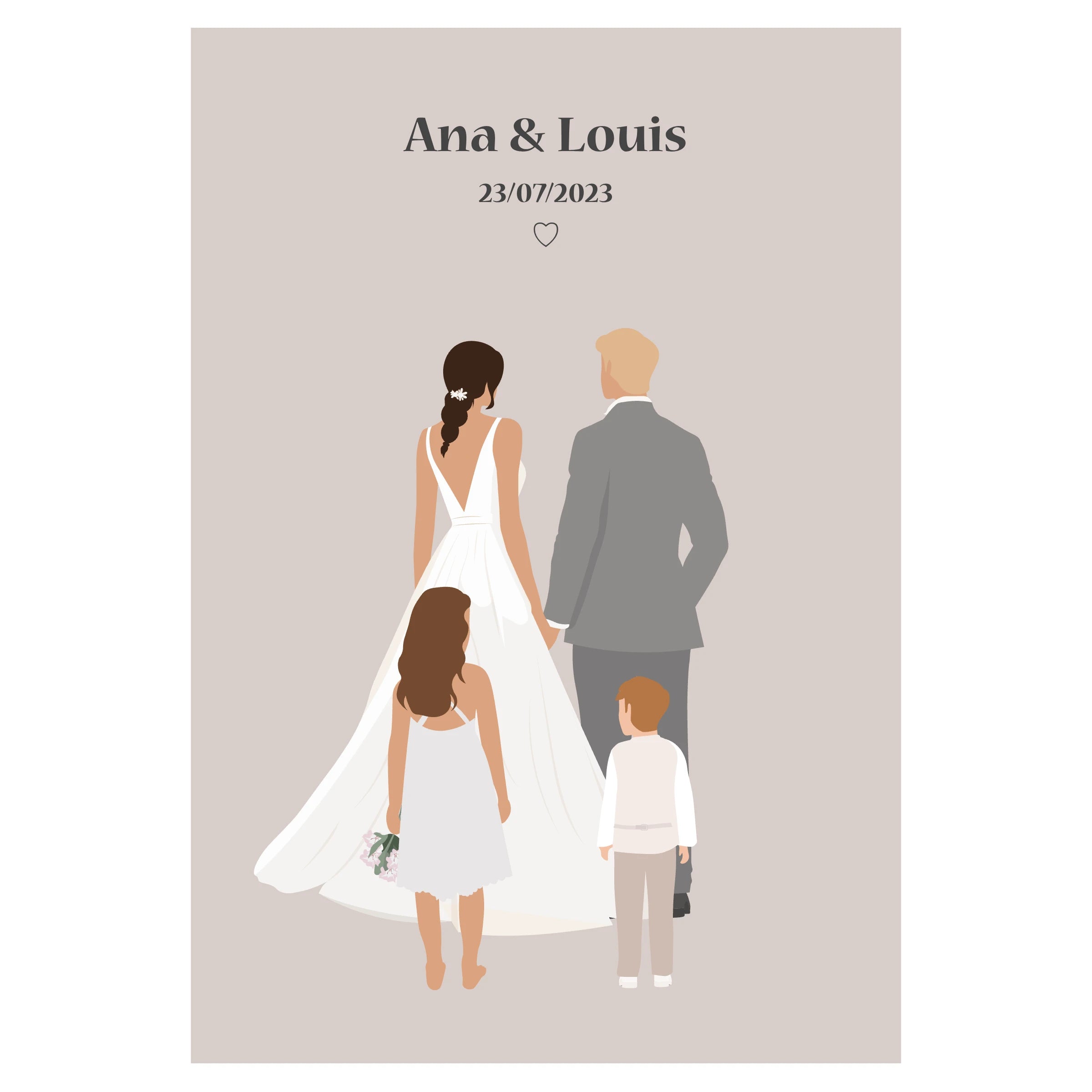 Affiche décorative personnalisable représentant deux mariés en tenue de mariage.