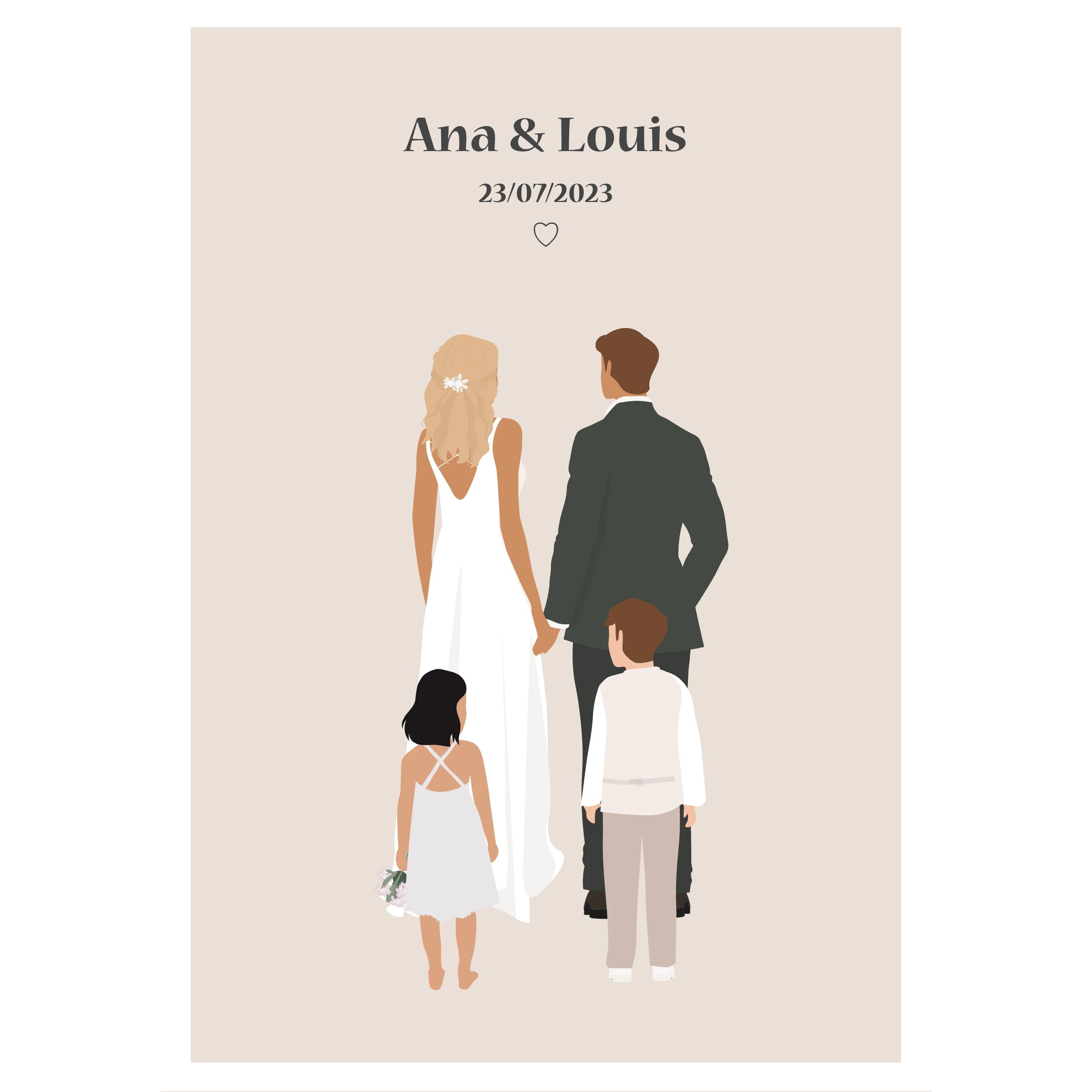 Affiche décorative personnalisable représentant deux mariés en tenue de mariage.