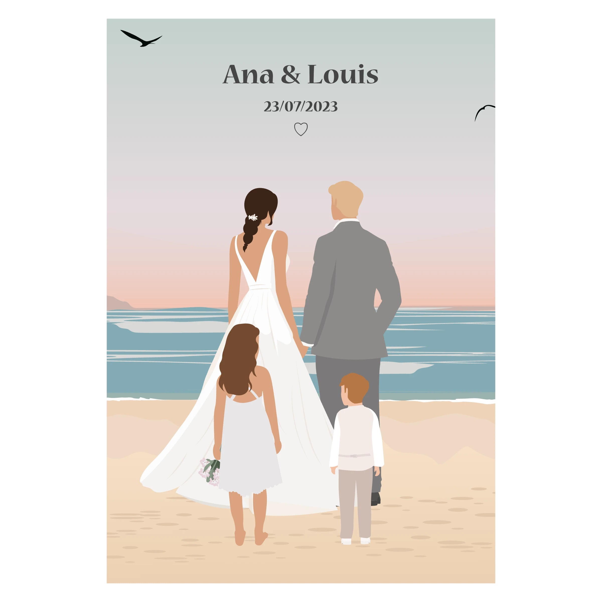 Affiche décorative personnalisable représentant deux mariés en tenue de mariage.