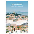 Affiche décorative personnalisée représentant une famille de supporters de Marseille, devant la ville de Marseille et son stade.