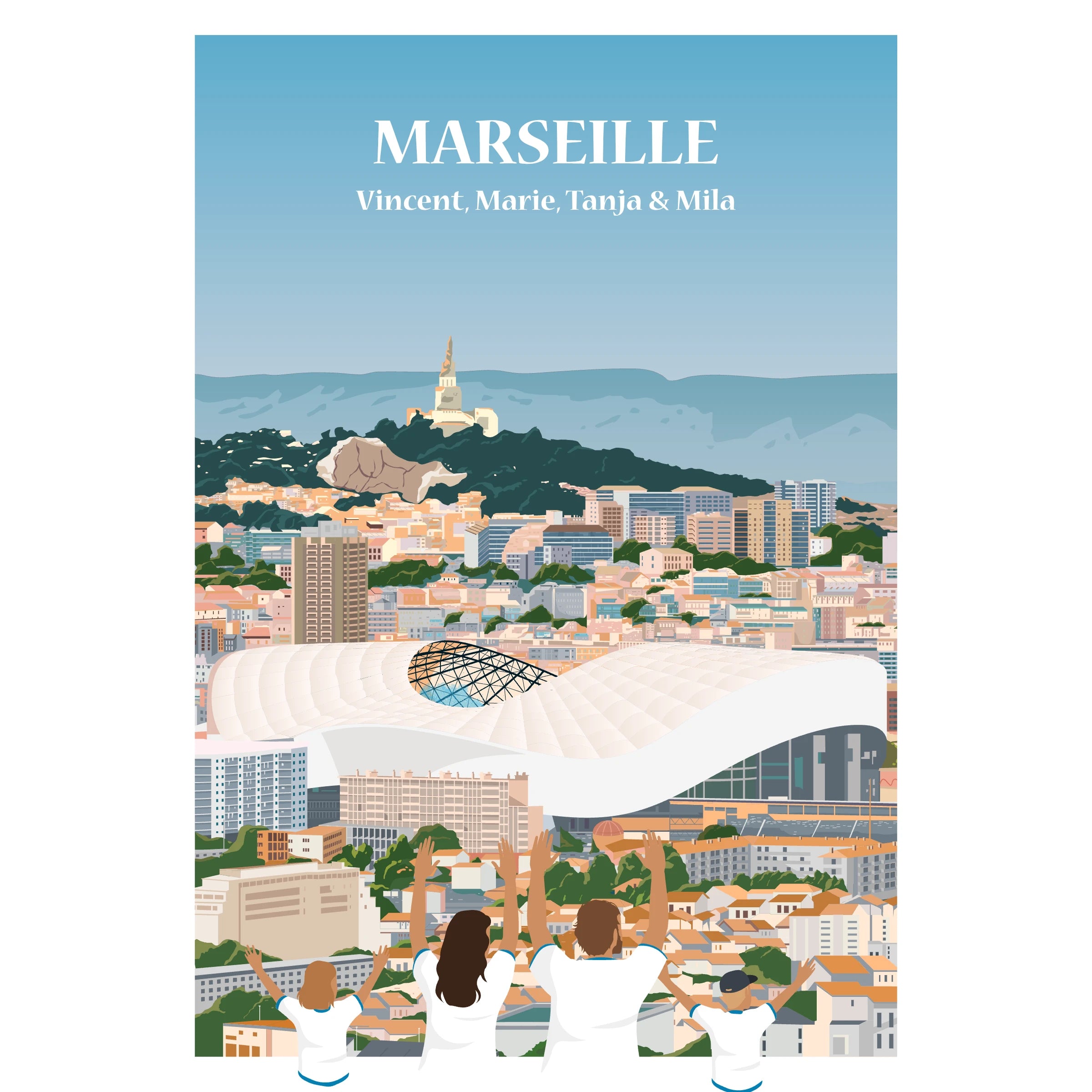 Affiche décorative personnalisée représentant une famille de supporters de Marseille, devant la ville de Marseille et son stade.