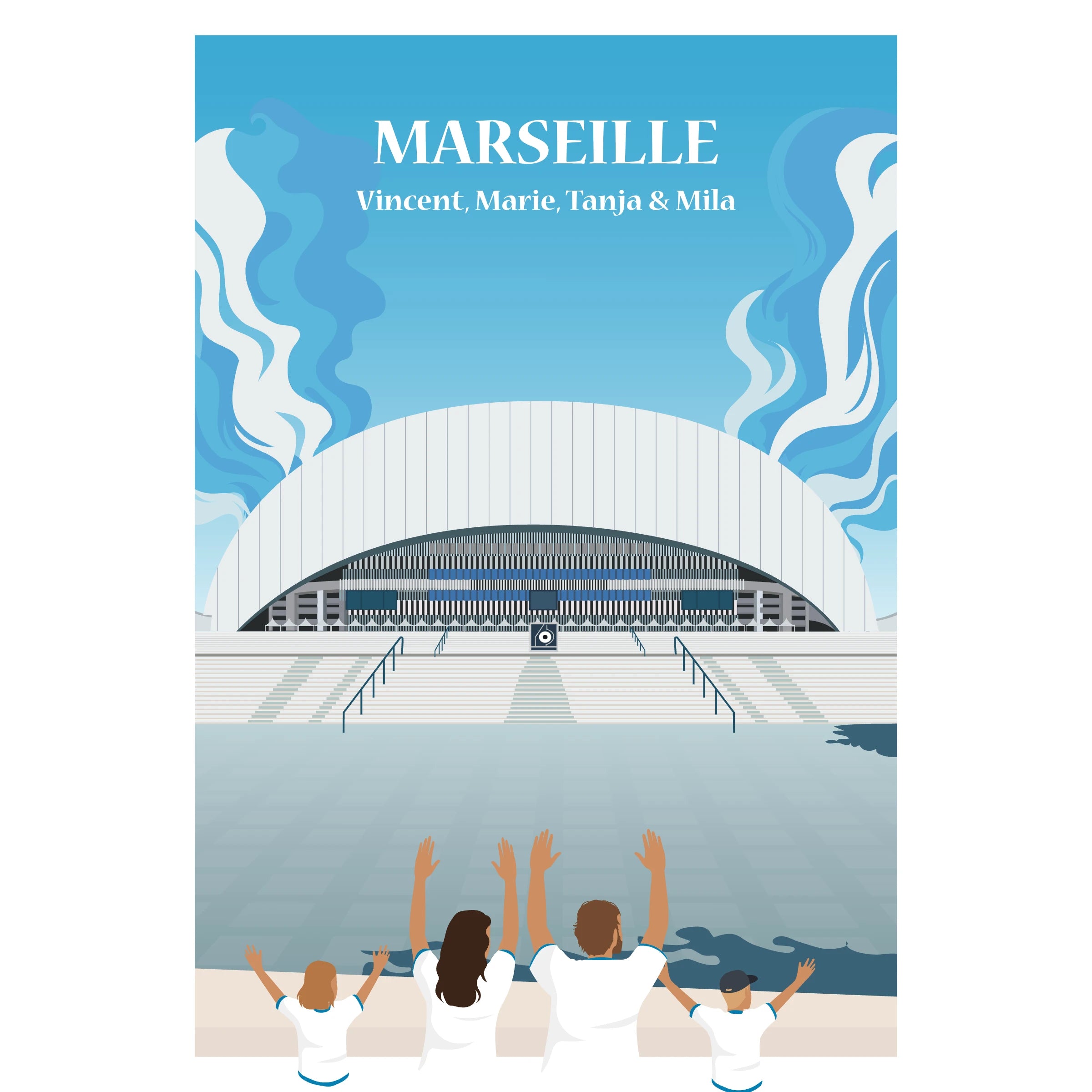 Affiche décorative personnalisée représentant une famille de supporters de Marseille, devant la ville de Marseille et son stade.