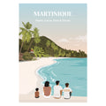 une famille assise sur un banc face à une plage de Martinique