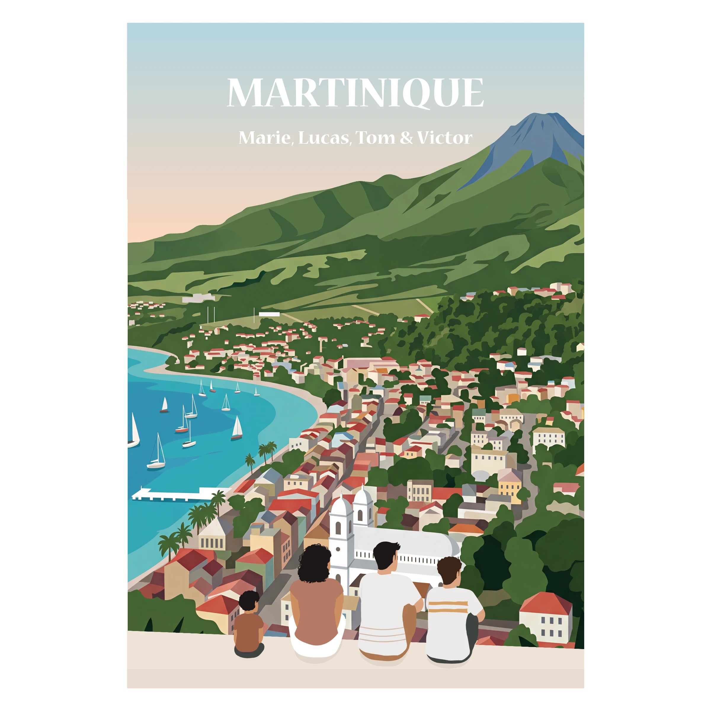 une famille assise sur un banc face à une plage de Martinique