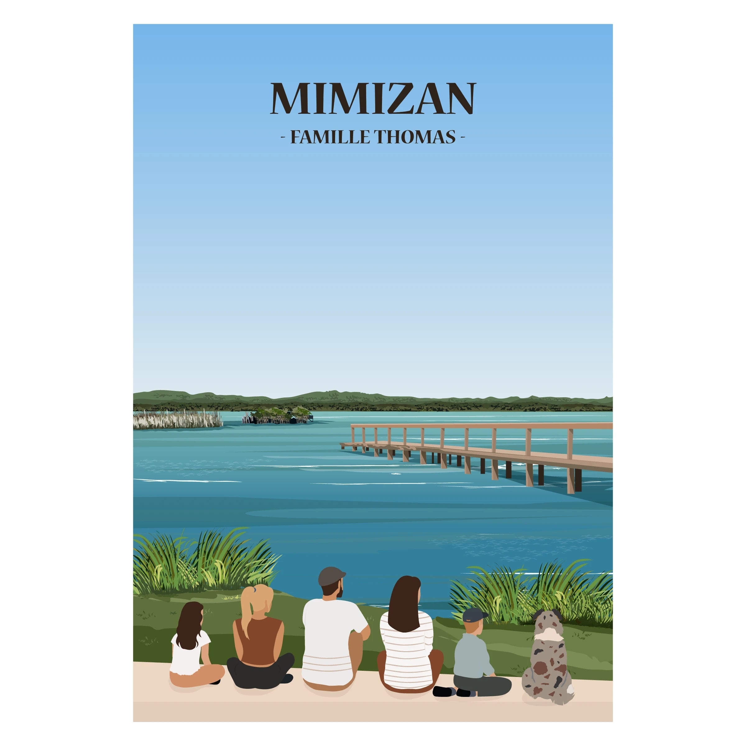 Affiche décorative personnalisée représentant une famille assise face à l’océan Atlantique ou le lac, à Mimizan.