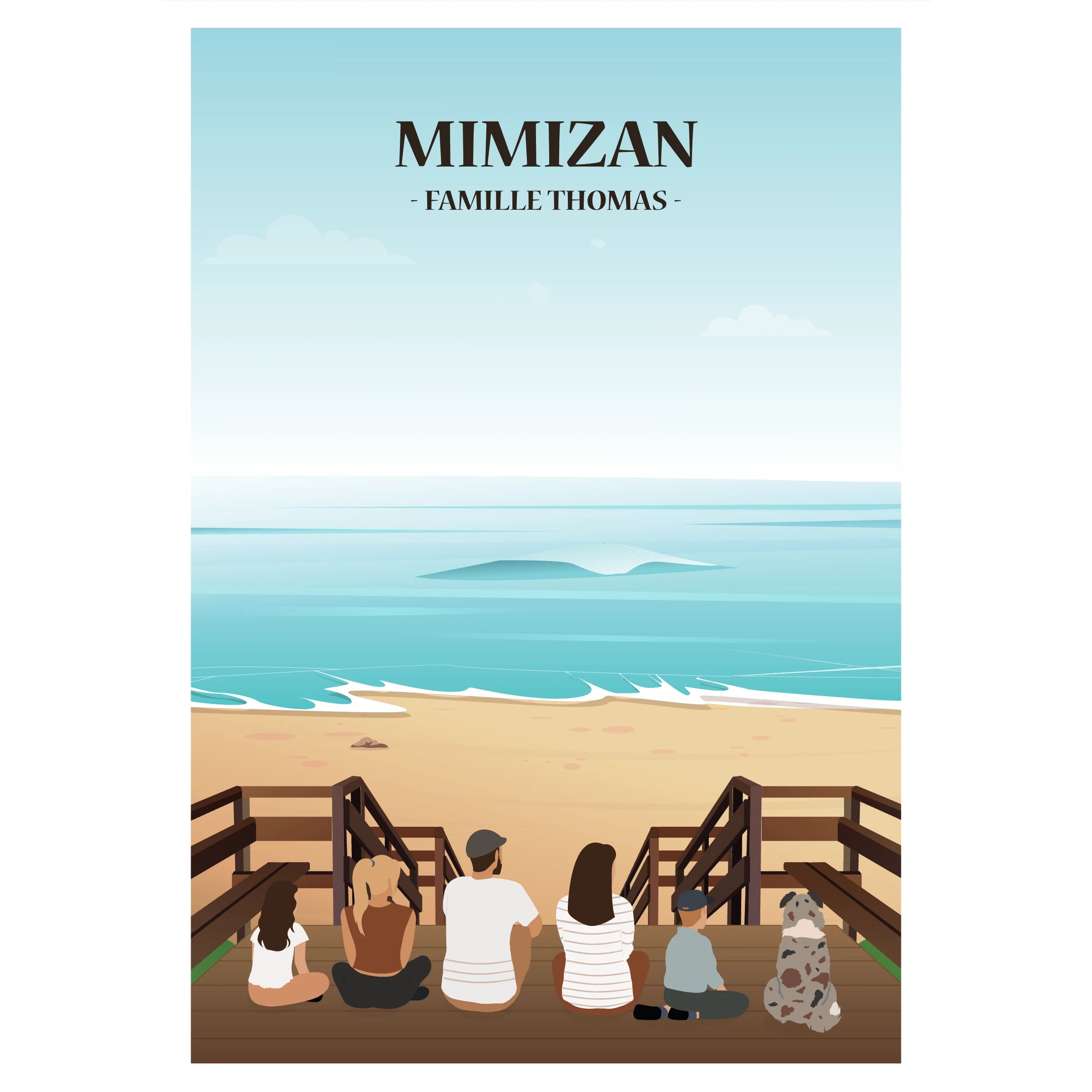 Affiche décorative personnalisée représentant une famille assise face à l’océan Atlantique ou le lac, à Mimizan.
