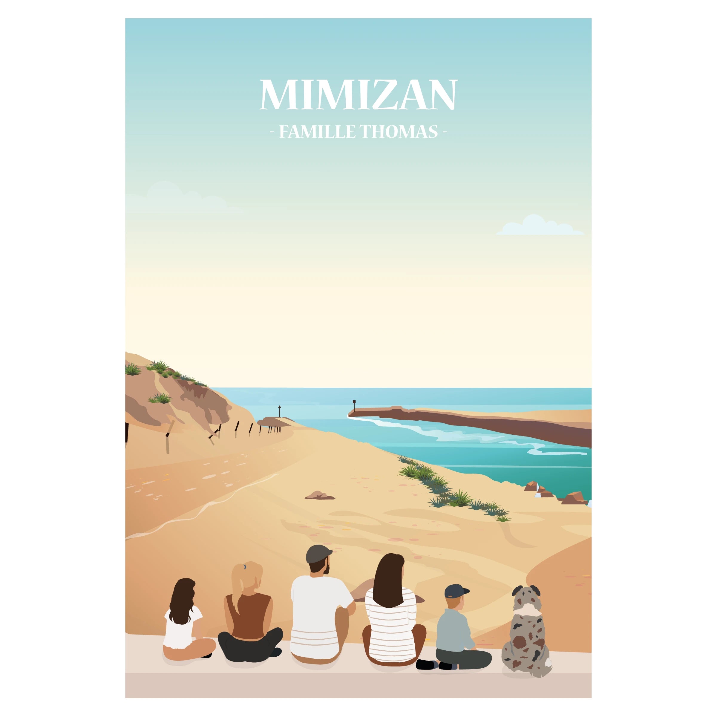 Affiche décorative personnalisée représentant une famille assise face à l’océan Atlantique ou le lac, à Mimizan.