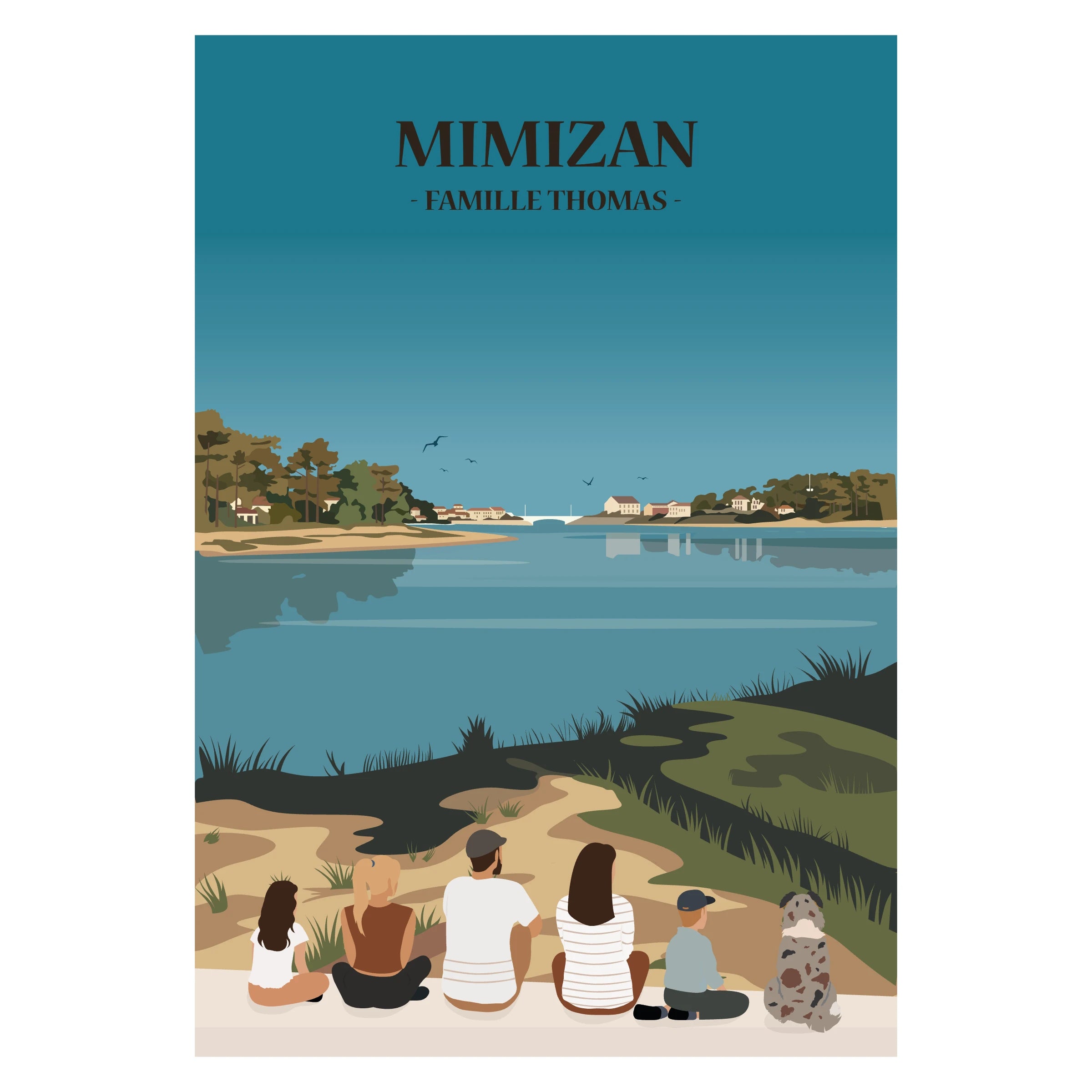 Affiche décorative personnalisée représentant une famille assise face à l’océan Atlantique ou le lac, à Mimizan.