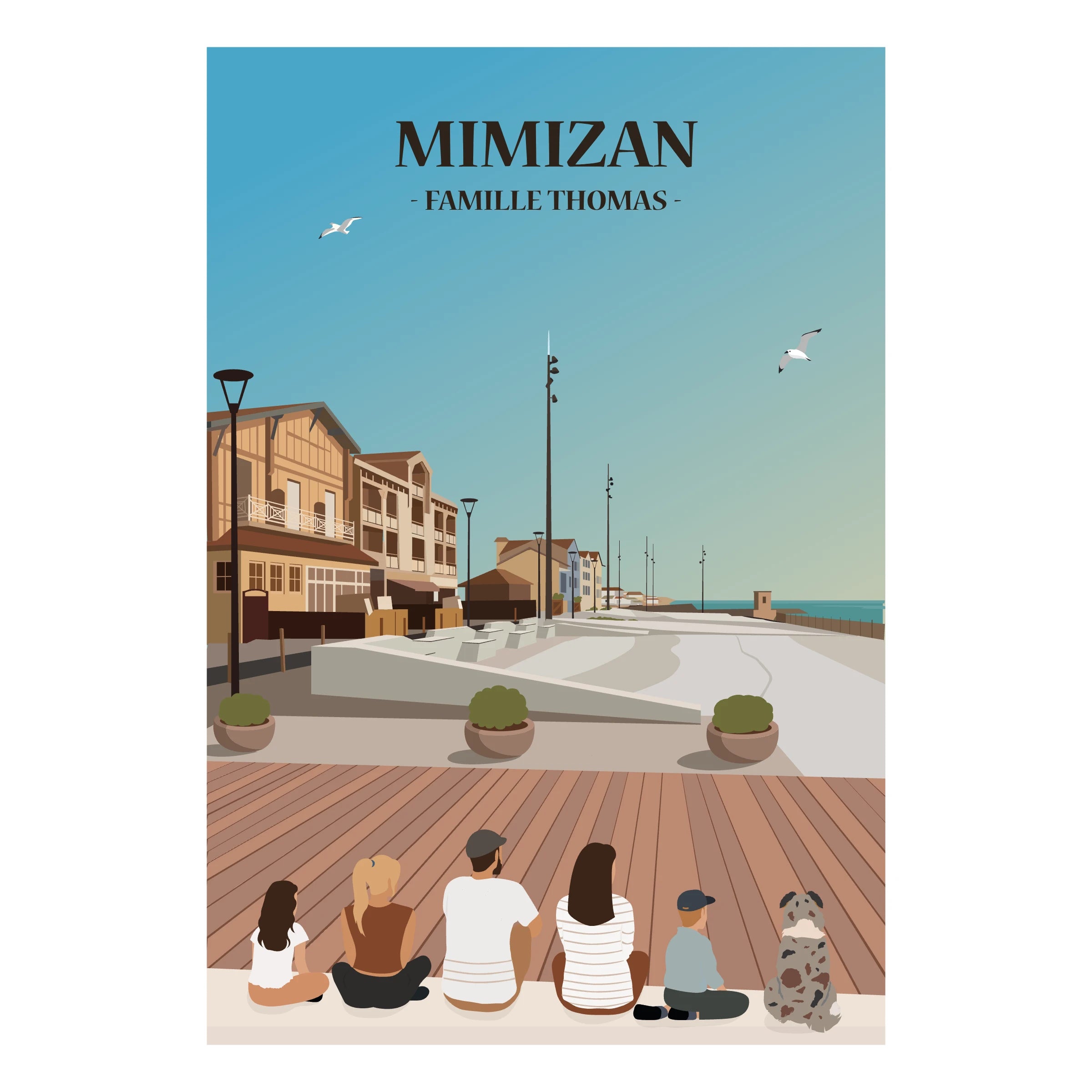 Affiche décorative personnalisée représentant une famille assise face à l’océan Atlantique ou le lac, à Mimizan.