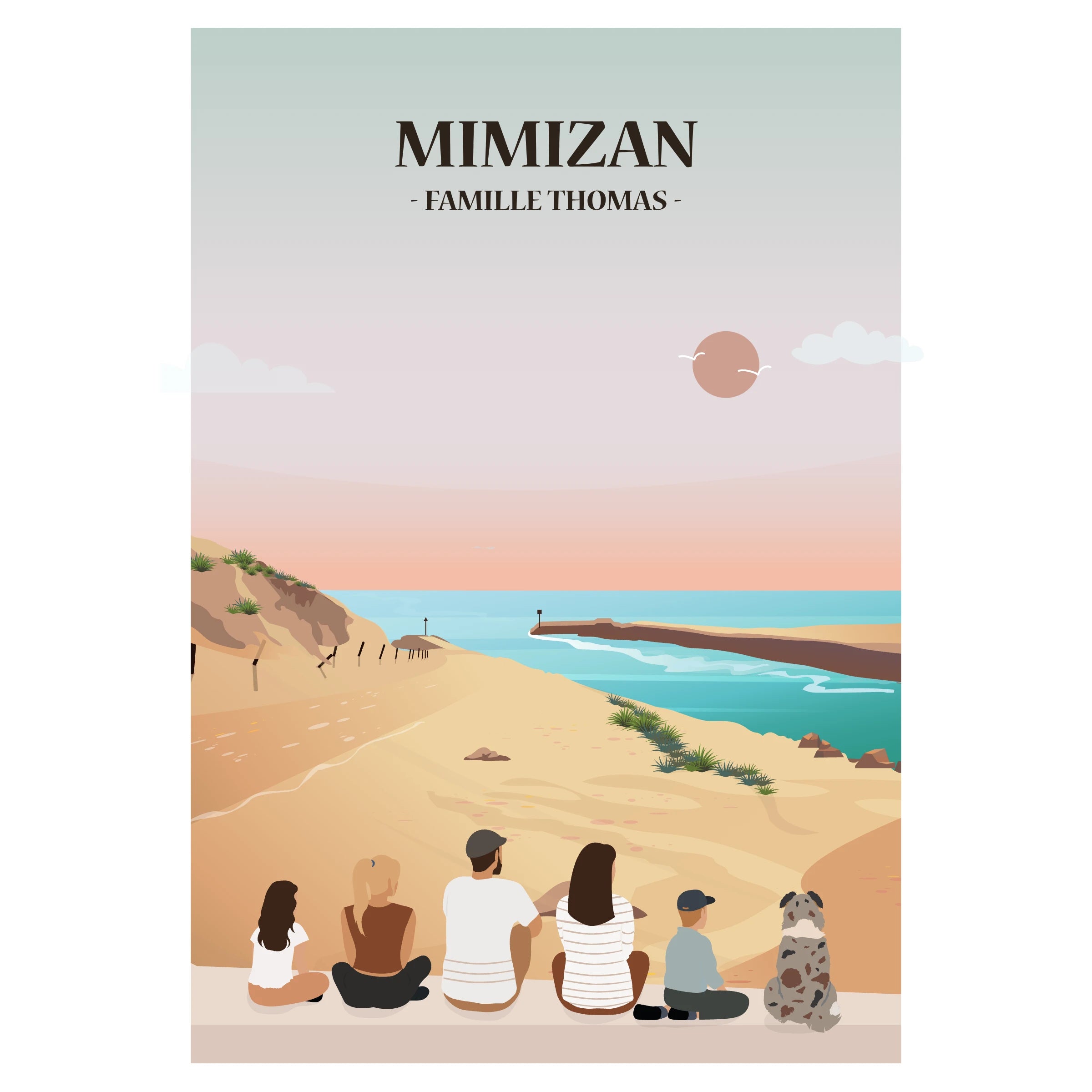 Affiche décorative personnalisée représentant une famille assise face à l’océan Atlantique ou le lac, à Mimizan.