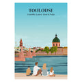Affiche illustrée et personnalisable représentant une famille face à la ville de Toulouse, avec la Garonne et l’architecture emblématique en briques roses.