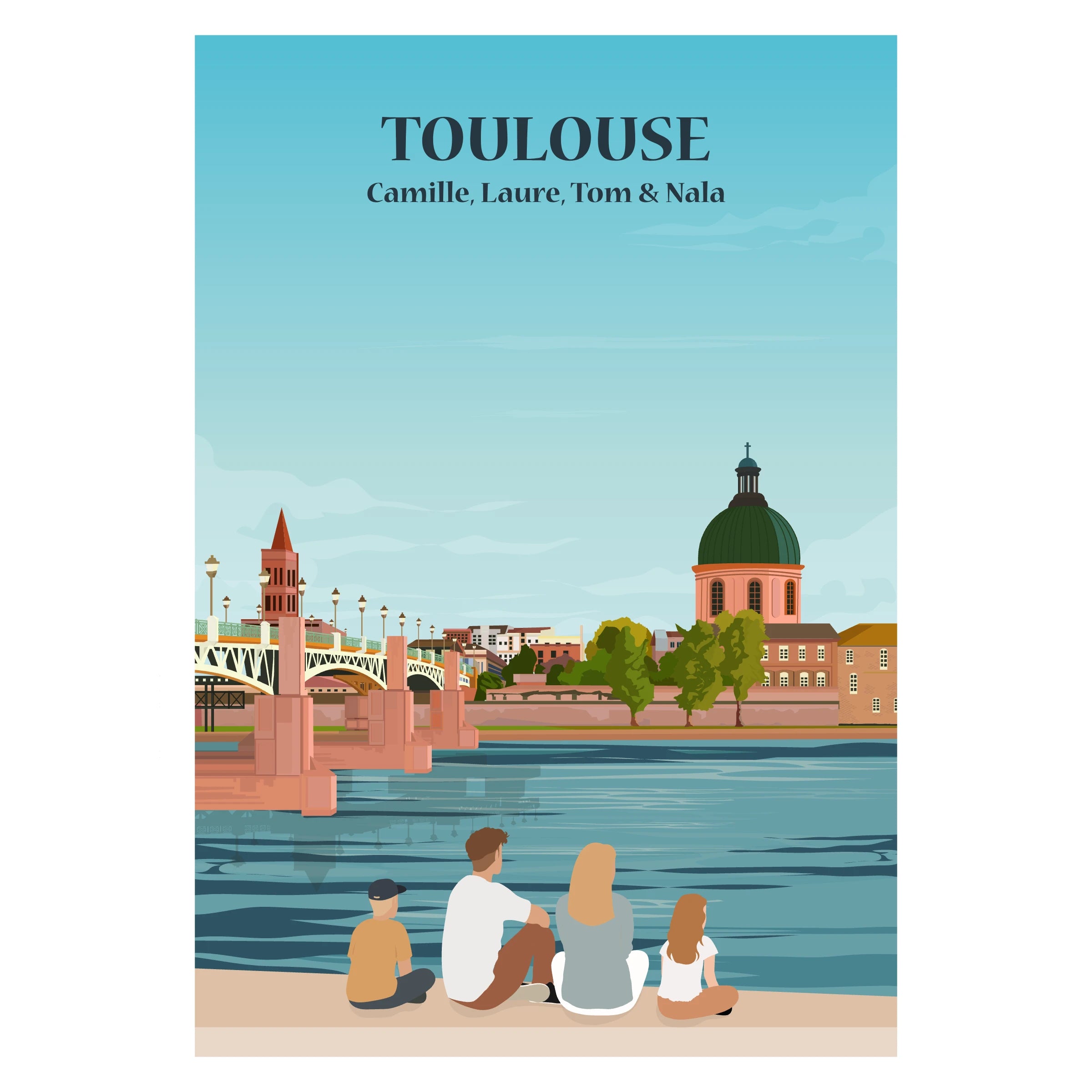 Affiche illustrée et personnalisable représentant une famille face à la ville de Toulouse, avec la Garonne et l’architecture emblématique en briques roses.