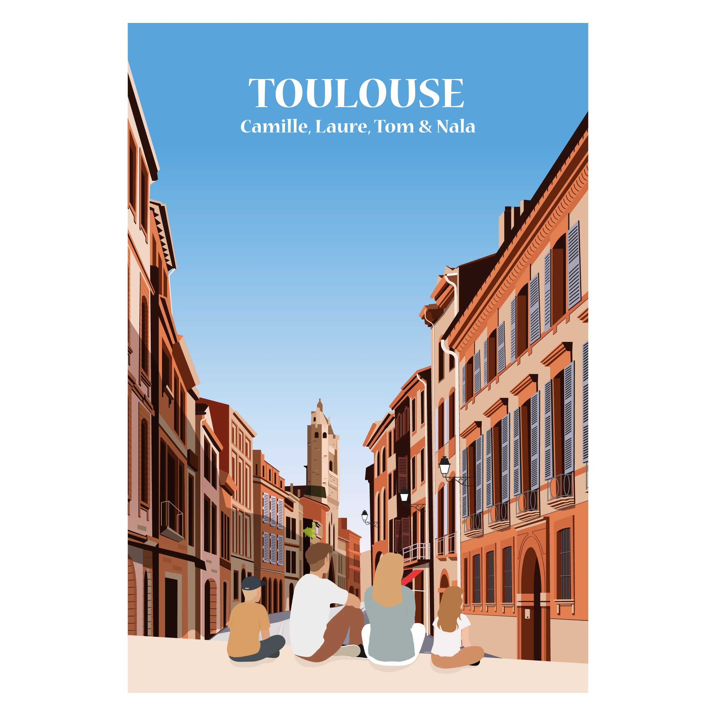 Affiche illustrée et personnalisable représentant une famille face à la ville de Toulouse, avec la Garonne et l’architecture emblématique en briques roses.