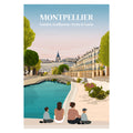 Affiche illustrée et personnalisable représentant une famille face à Montpellier.