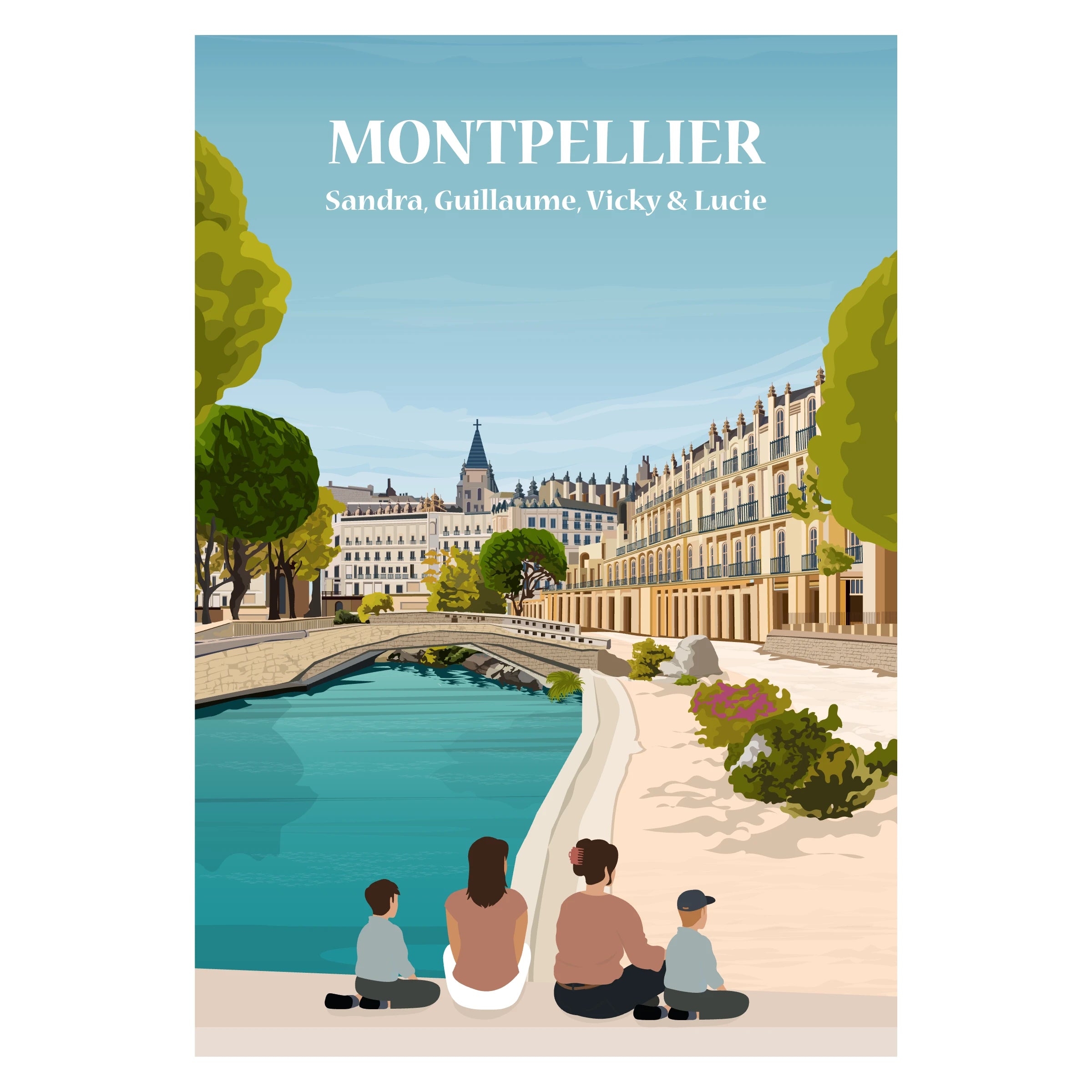 Affiche illustrée et personnalisable représentant une famille face à Montpellier.