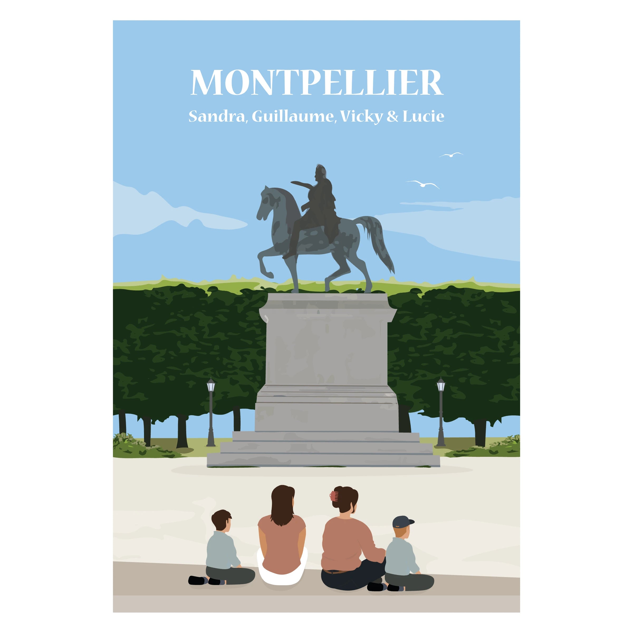 Affiche illustrée et personnalisable représentant une famille face à Montpellier.