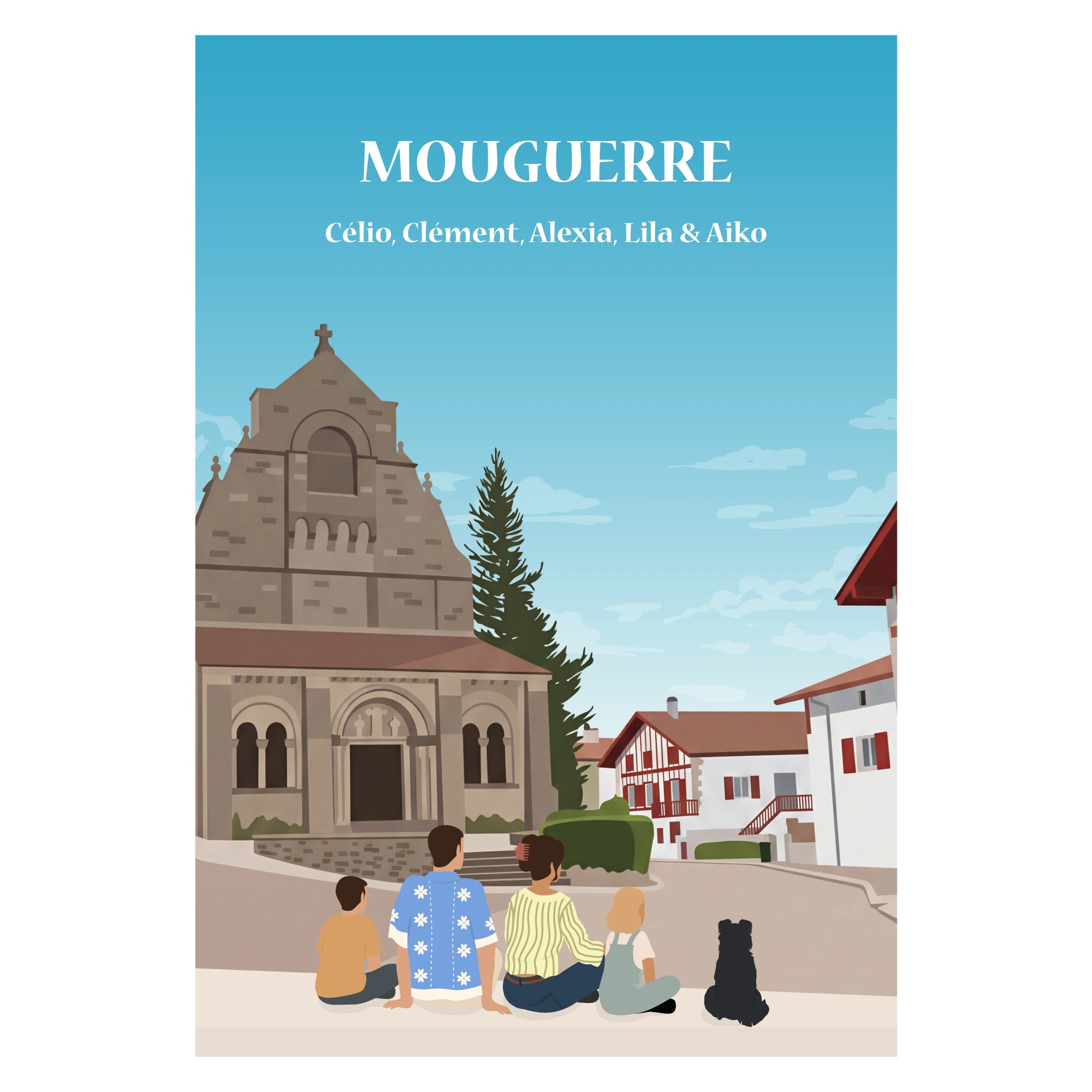 une famille assise sur un banc face à l'église de Mouguerre