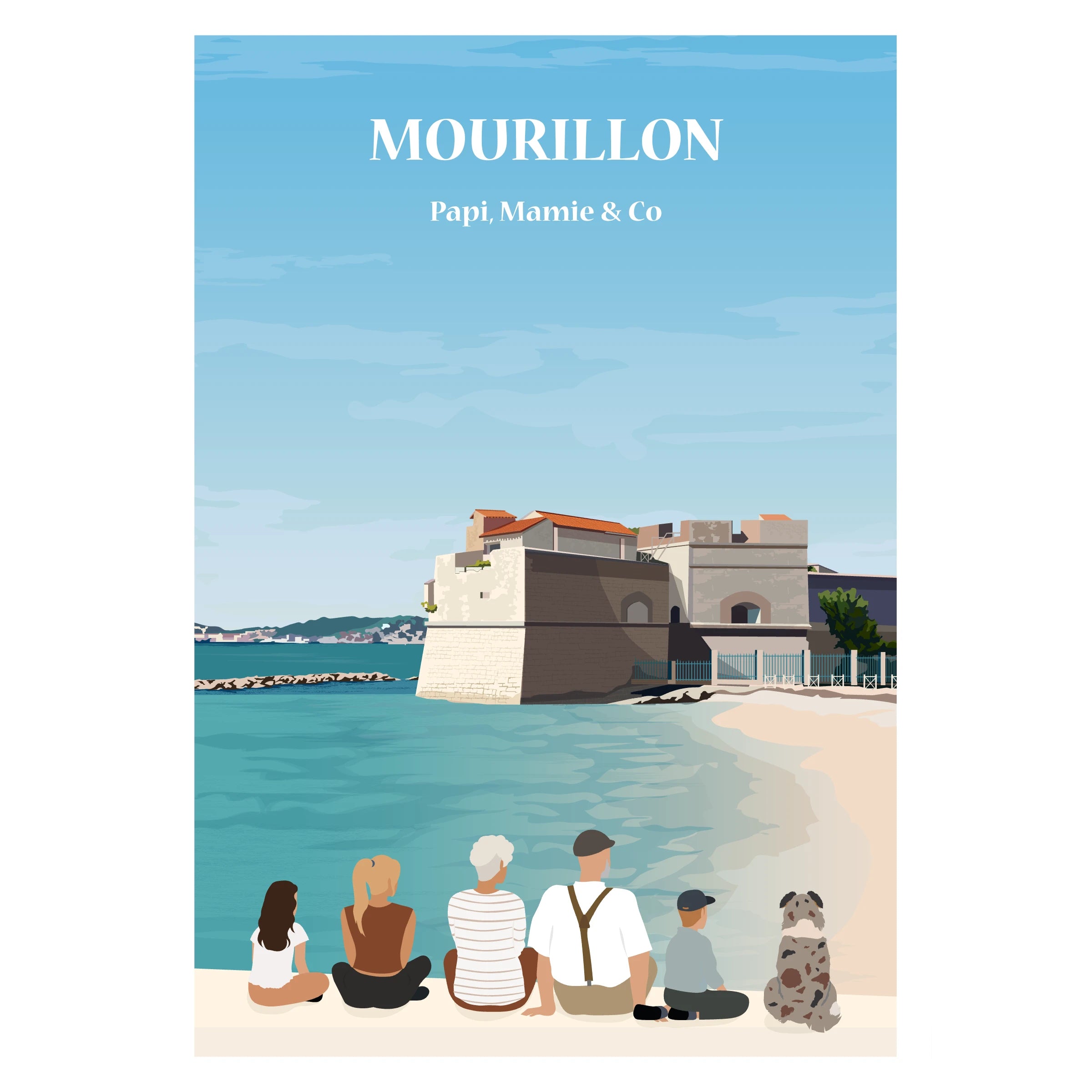 Affiche personnalisée d'une famille de dos face à la côte de Mourillon