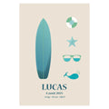 Affiche de naissance personnalisée avec thème surf et océean et les informations de sa naissance : prénom, date, poids (et autres détails au choix). 