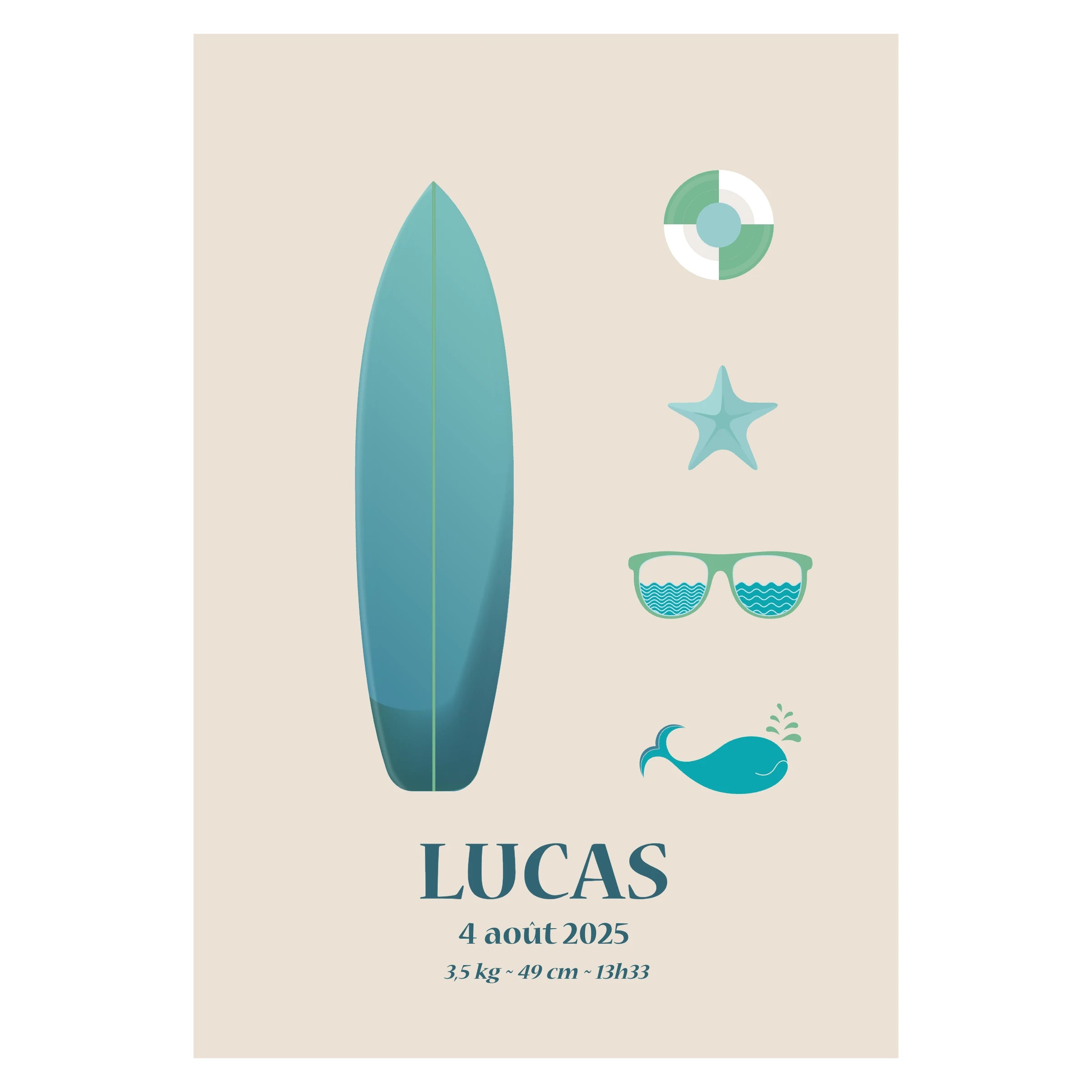 Affiche de naissance personnalisée avec thème surf et océean et les informations de sa naissance : prénom, date, poids (et autres détails au choix). 