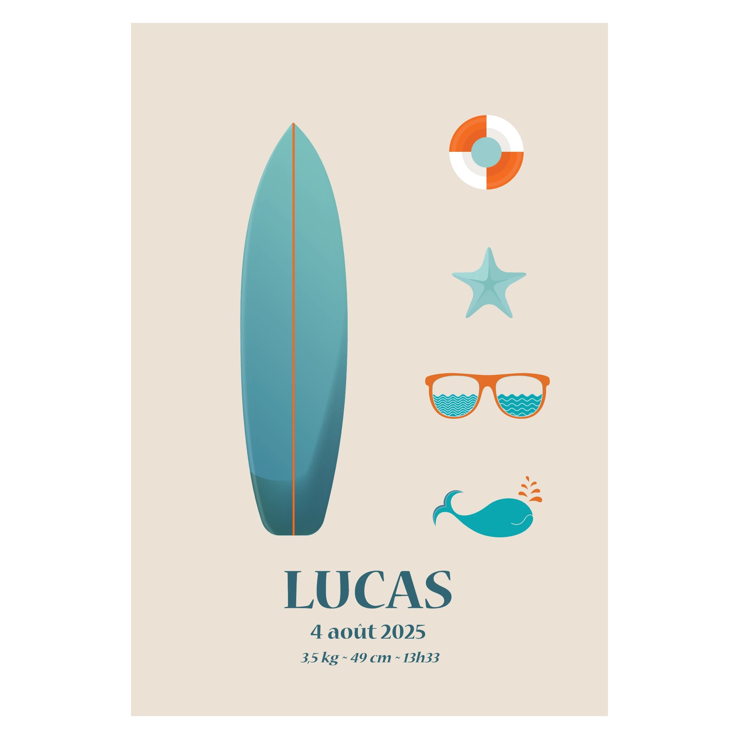 Affiche de naissance personnalisée avec thème surf et océean et les informations de sa naissance : prénom, date, poids (et autres détails au choix). 