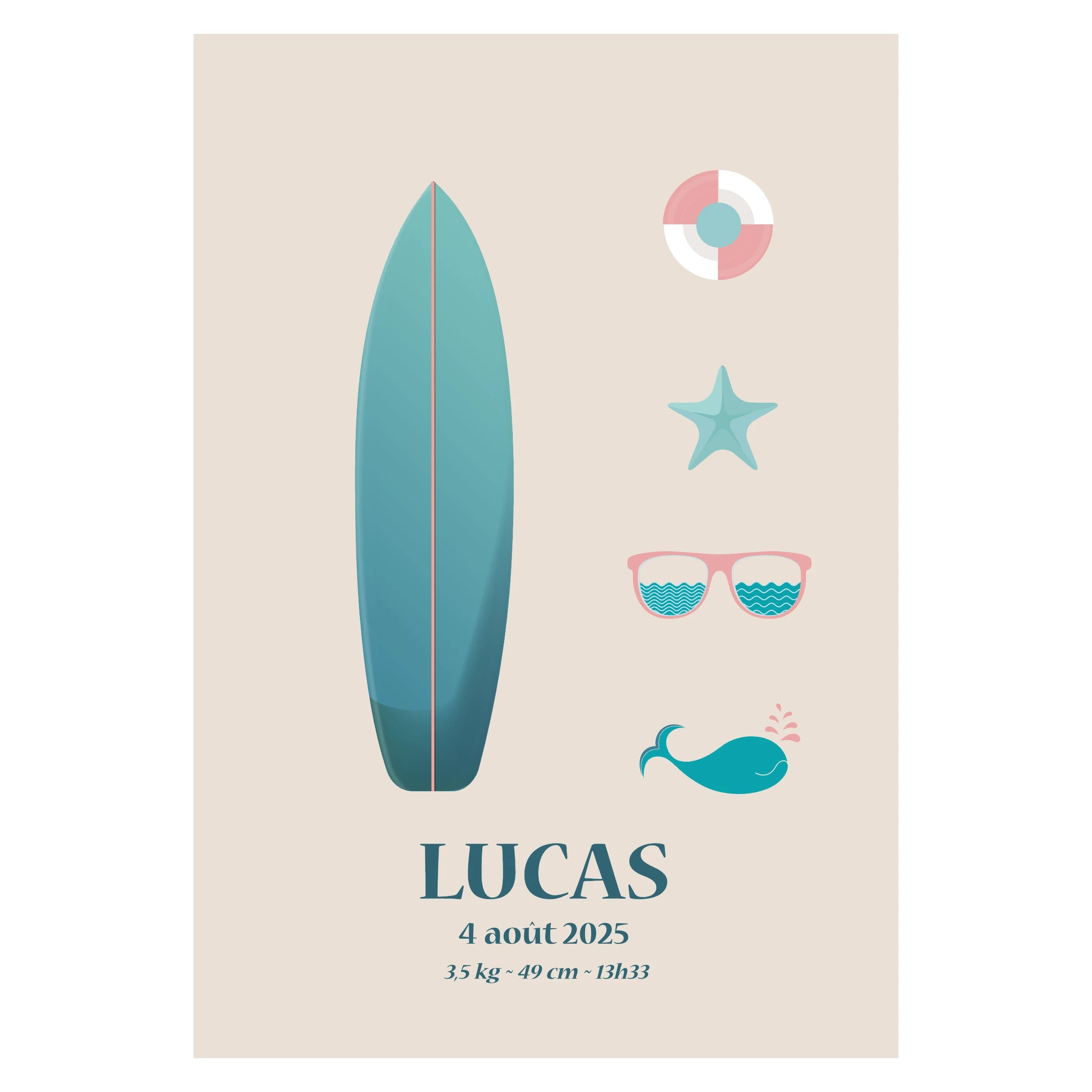 Affiche de naissance personnalisée avec thème surf et océean et les informations de sa naissance : prénom, date, poids (et autres détails au choix). 