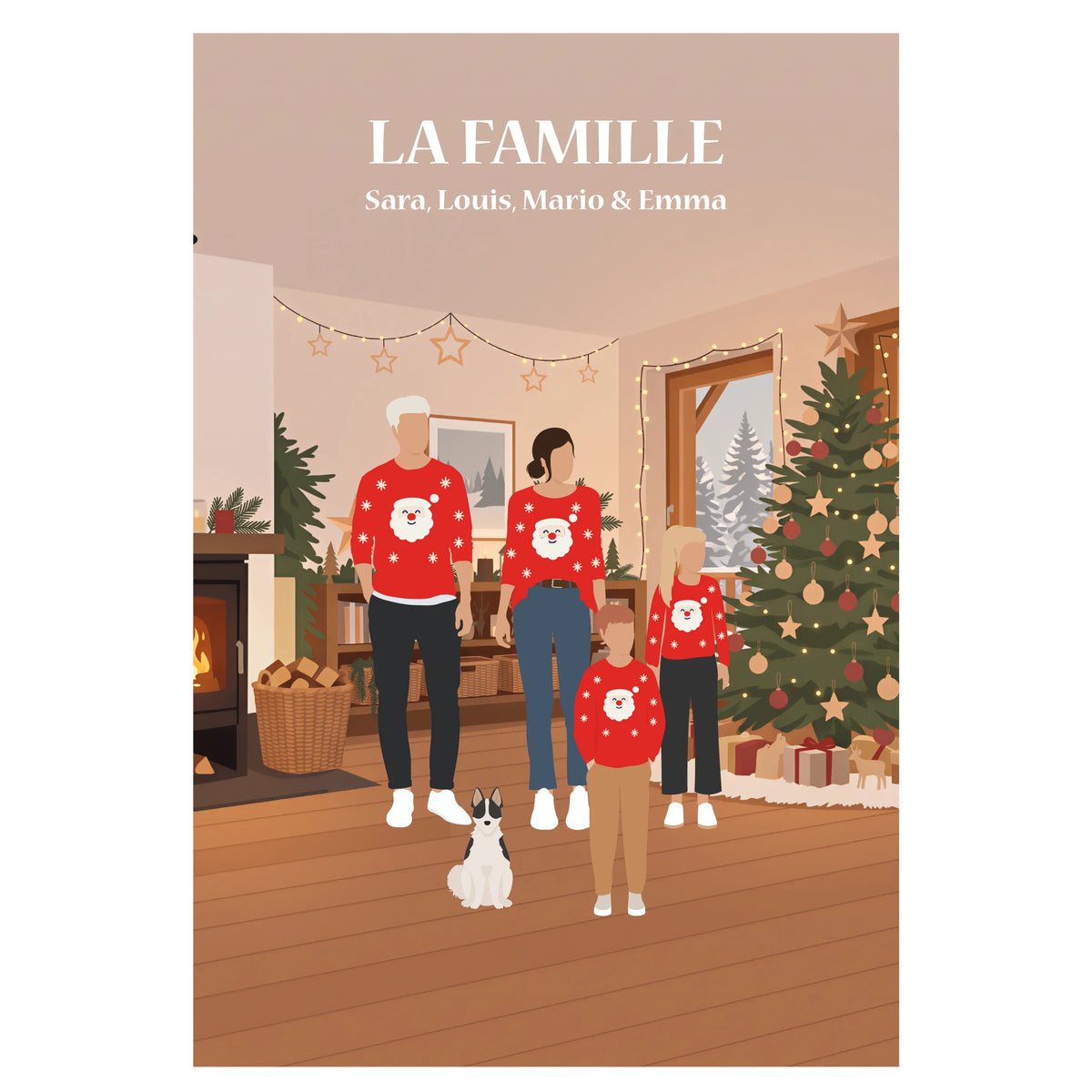 Une famille dans le salon devant un sapin en pull de Noël.