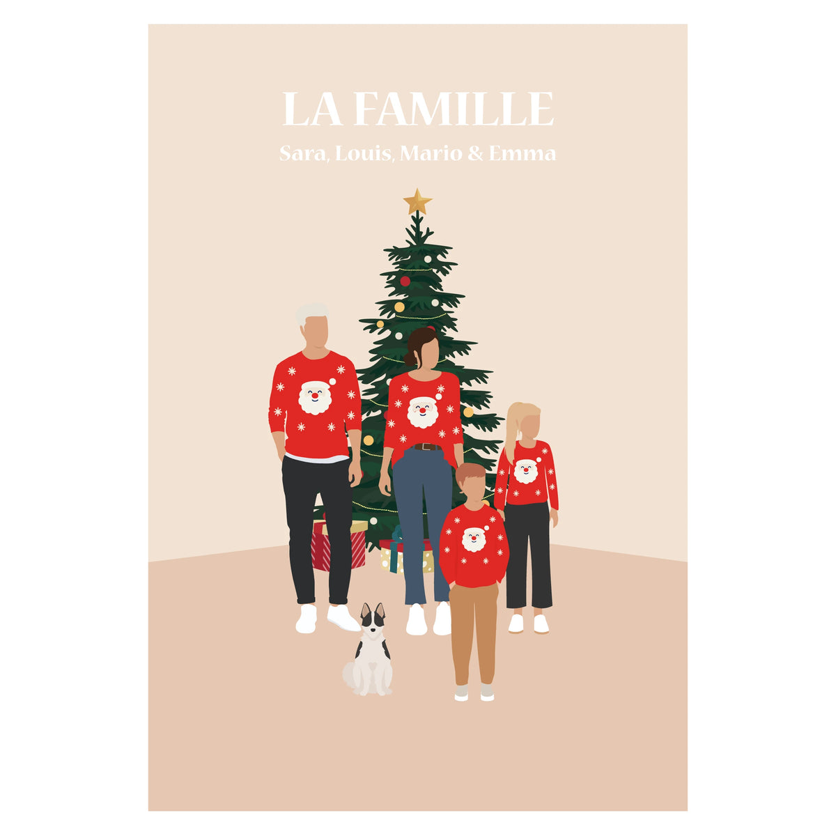Une famille dans le salon devant un sapin en pull de Noël.