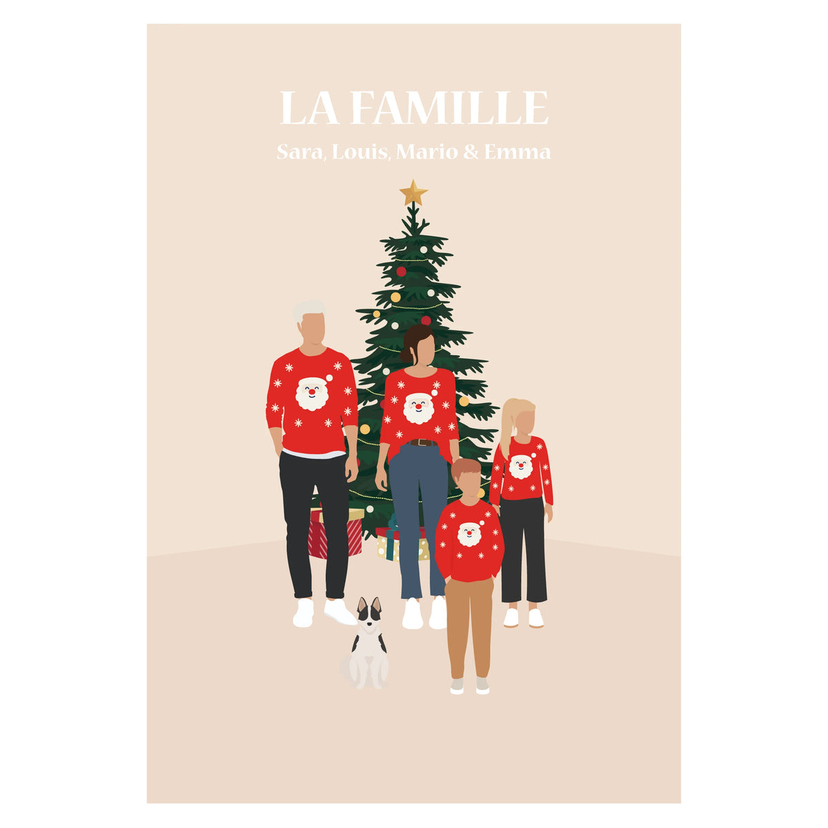 Une famille dans le salon devant un sapin en pull de Noël.