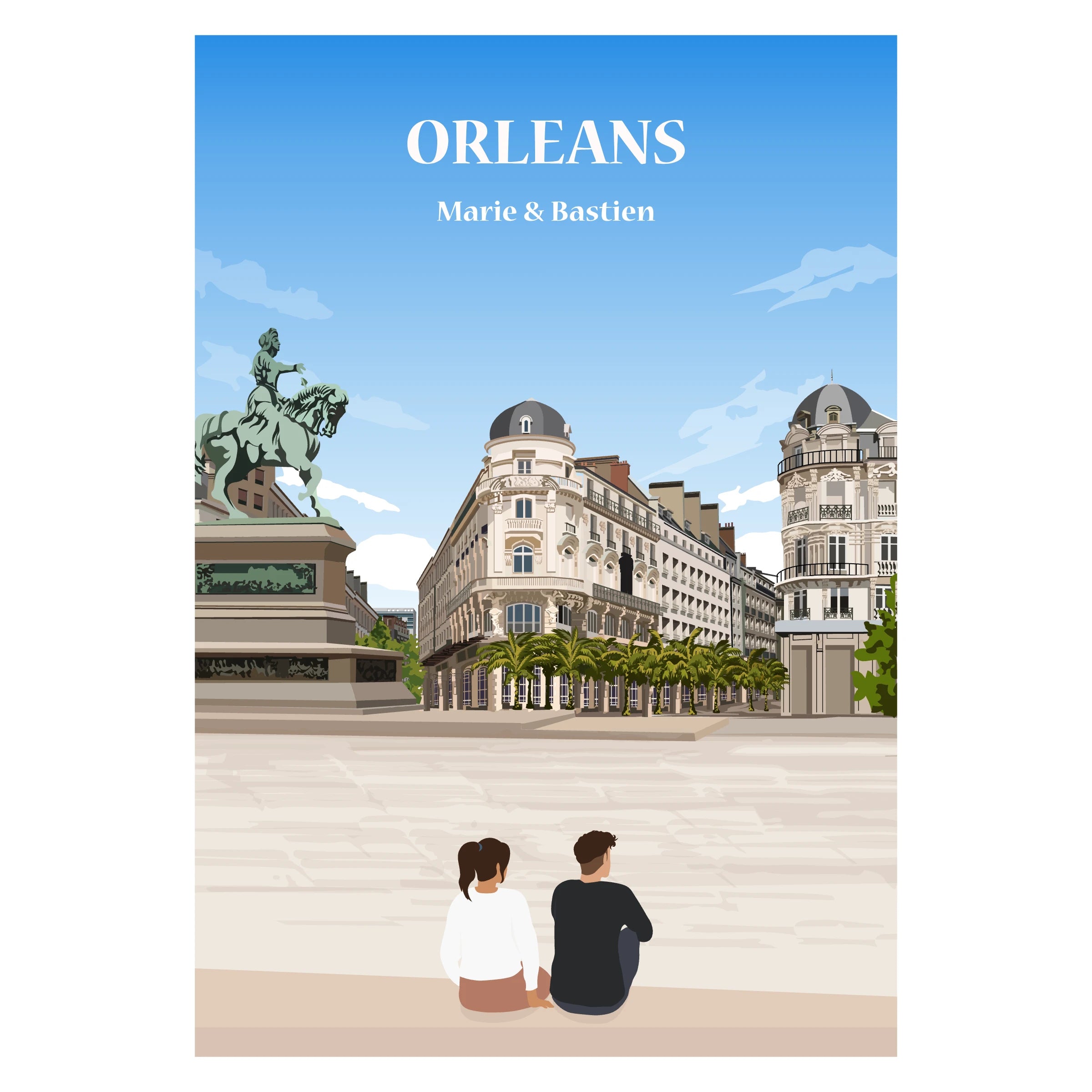 Affiche personnalisée de personnages devant la place du Martroi à Orléans