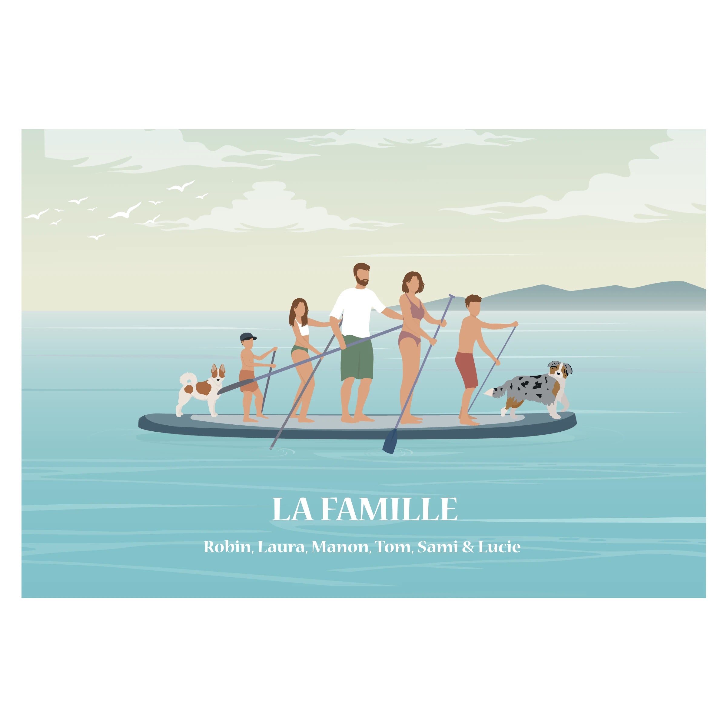 Affiche déco personnalisable d’une famille debout sur un paddle géant, sur une eau calme de lac ou de mer.