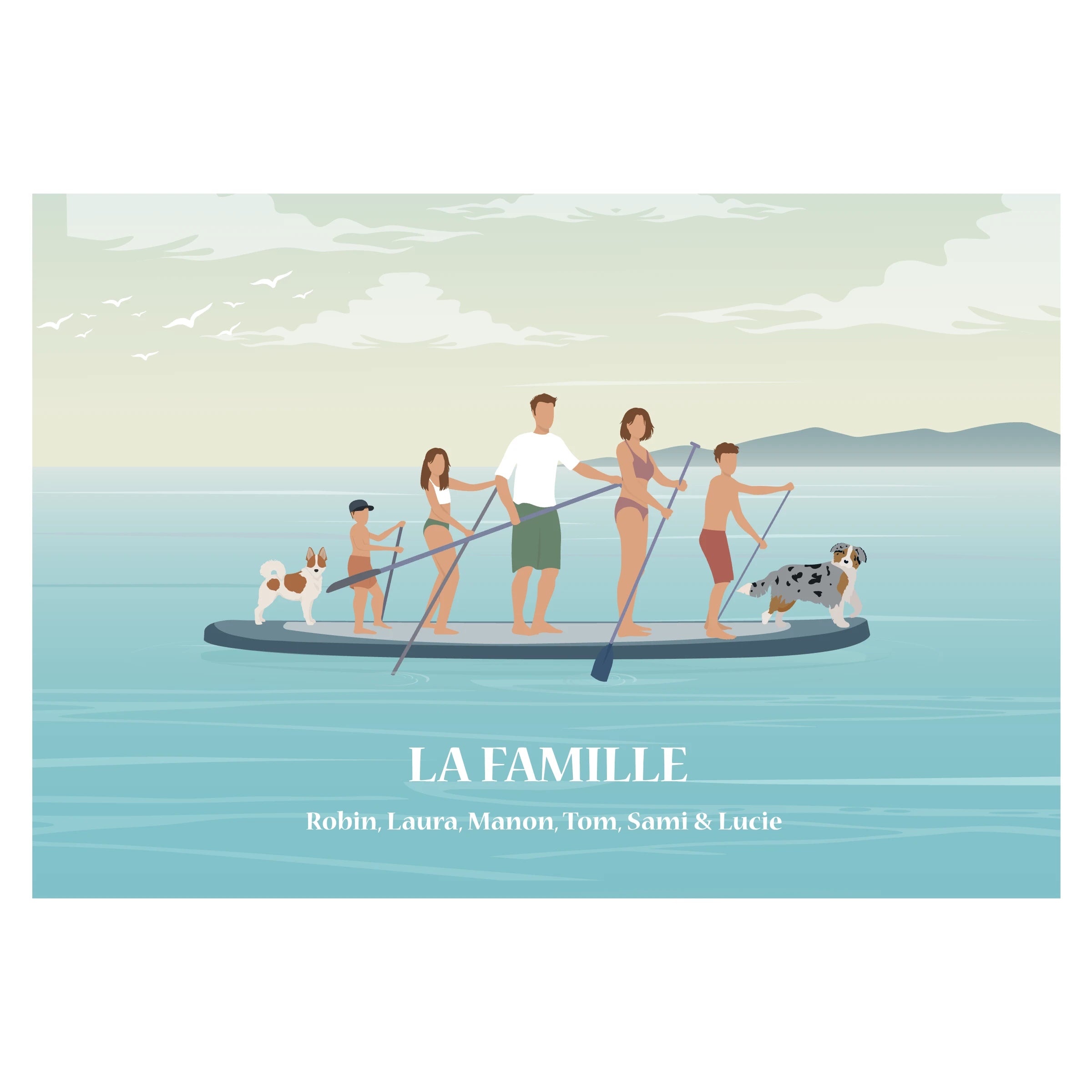 Affiche déco personnalisable d’une famille debout sur un paddle géant, sur une eau calme de lac ou de mer.