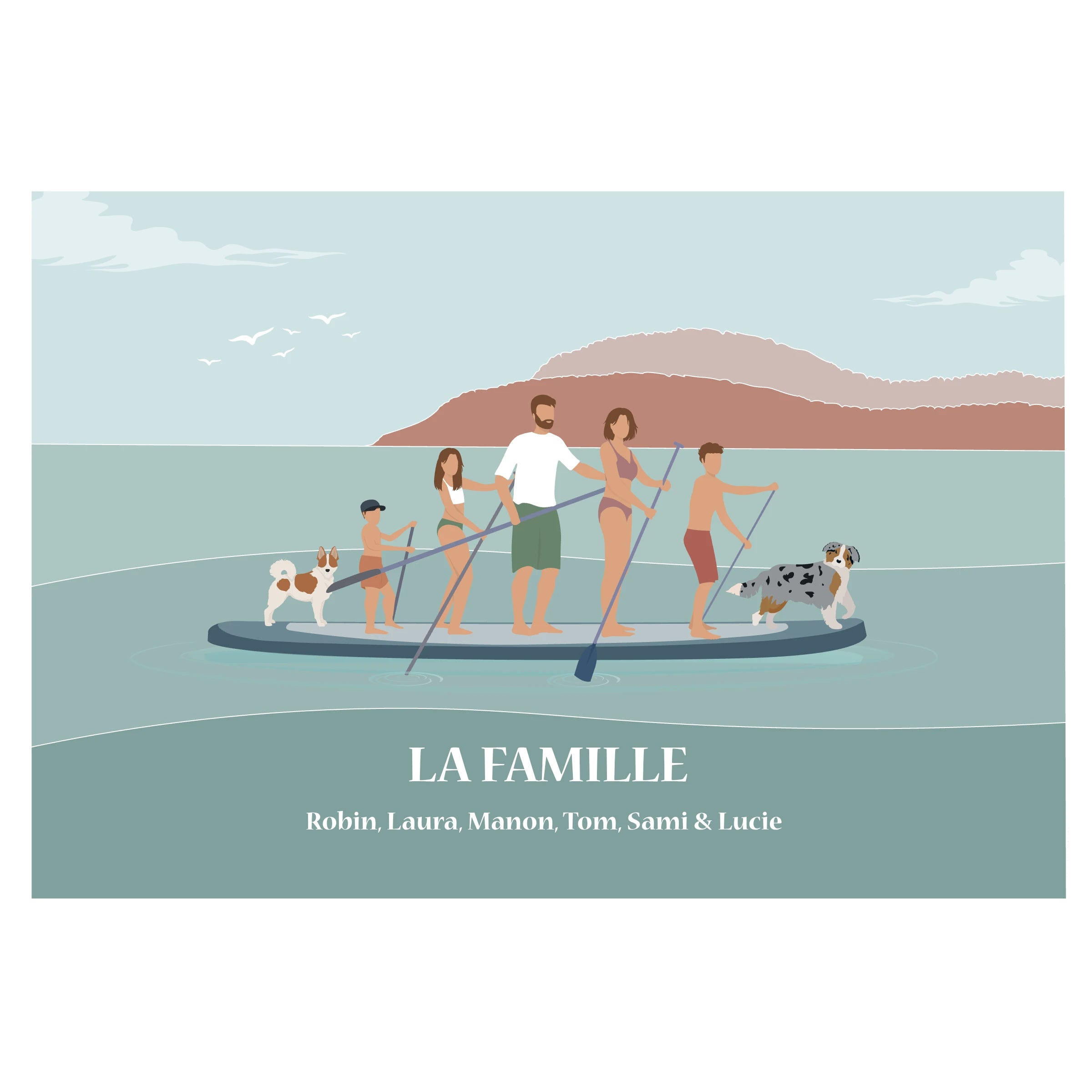 Affiche déco personnalisable d’une famille debout sur un paddle géant, sur une eau calme de lac ou de mer.