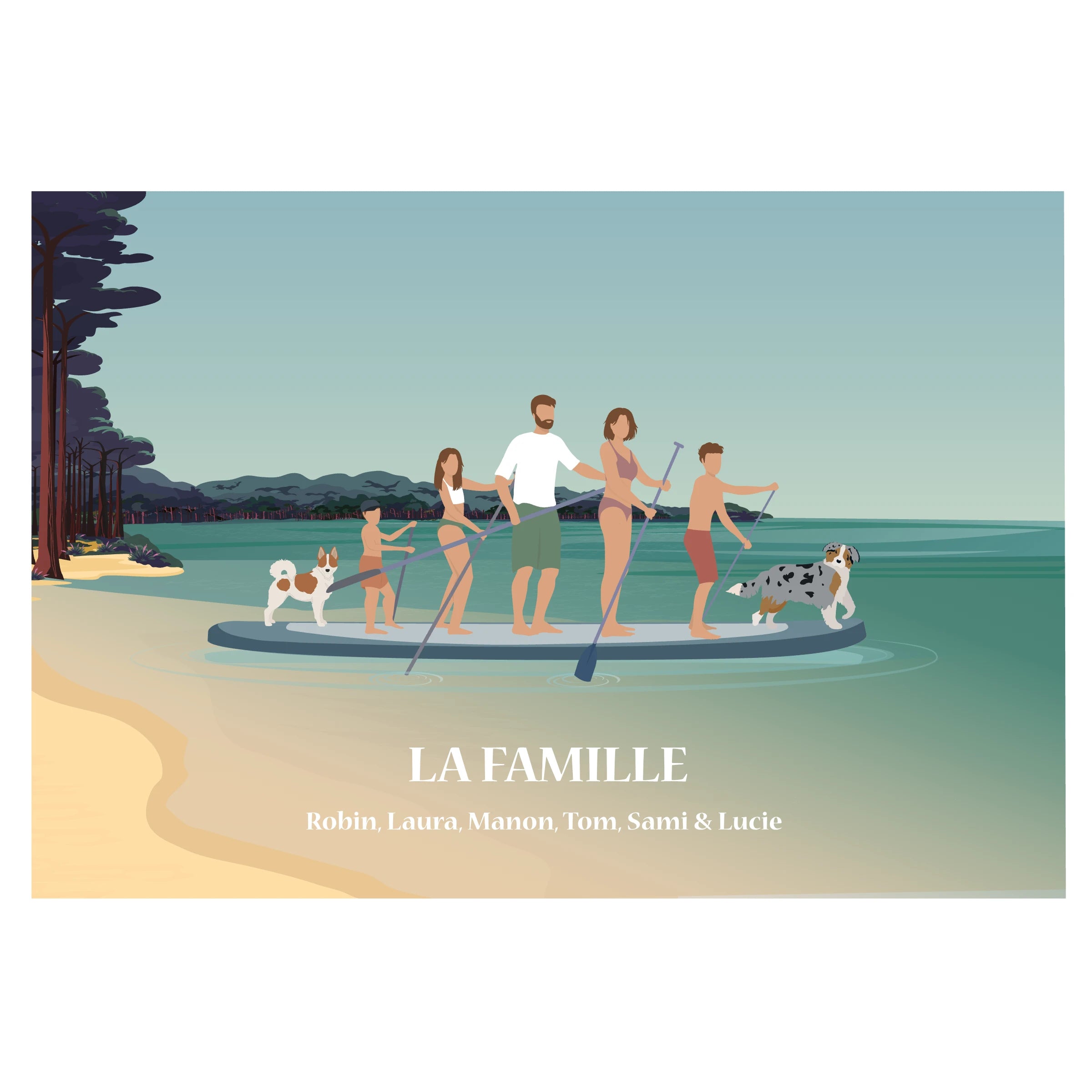 Affiche déco personnalisable d’une famille debout sur un paddle géant, sur une eau calme de lac ou de mer.