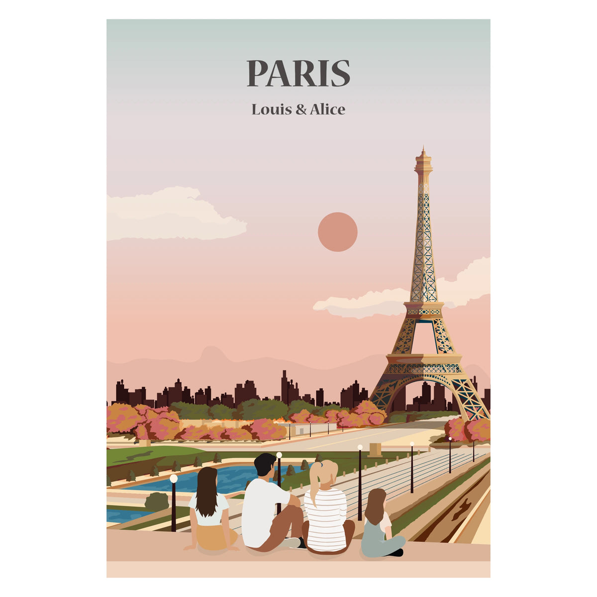 Affiche personnalisée d'une famille assise face aux monuments de Paris.