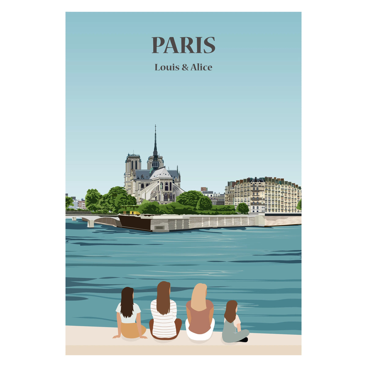 Affiche personnalisée d'une famille assise face aux monuments de Paris.