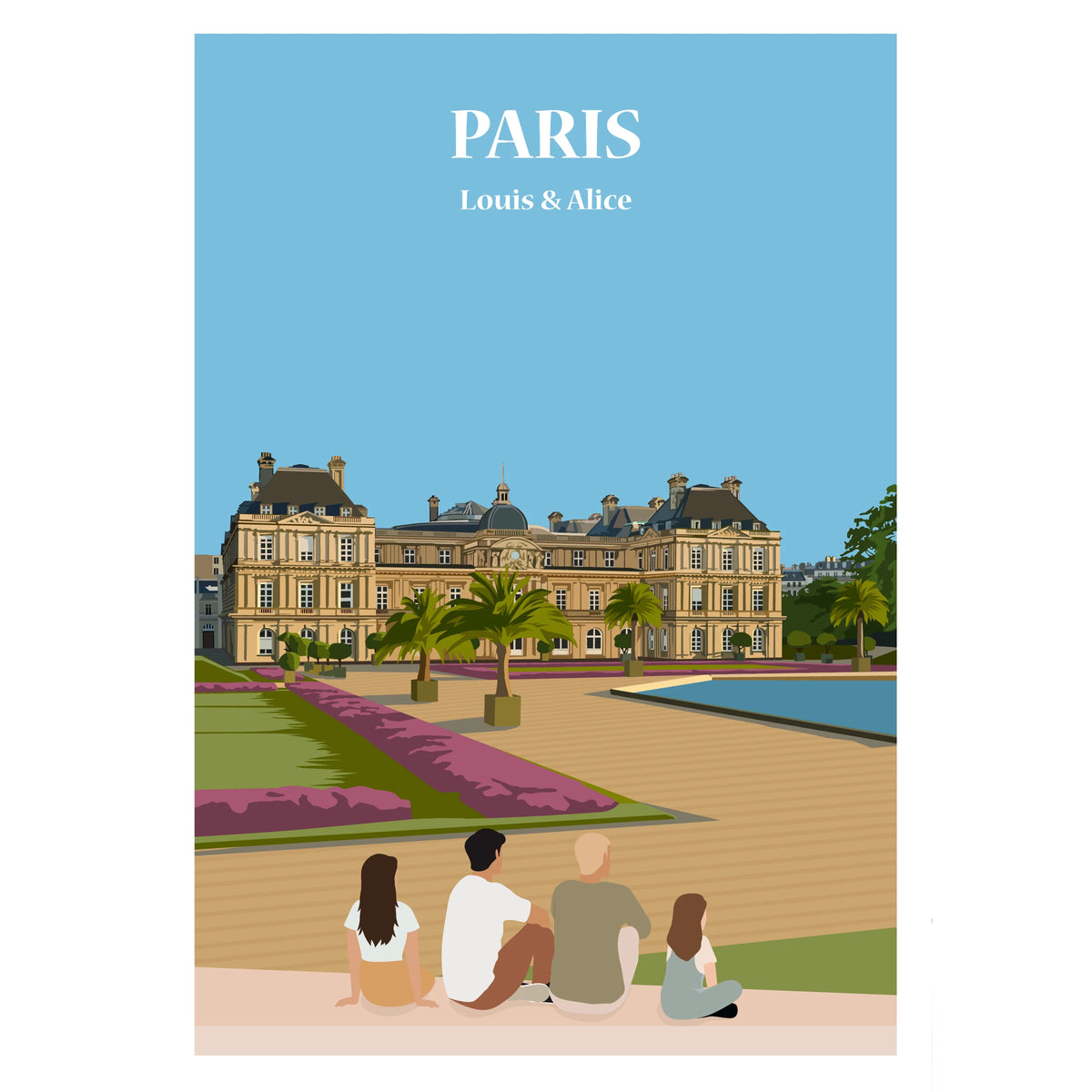 Affiche personnalisée d'une famille assise face aux monuments de Paris.