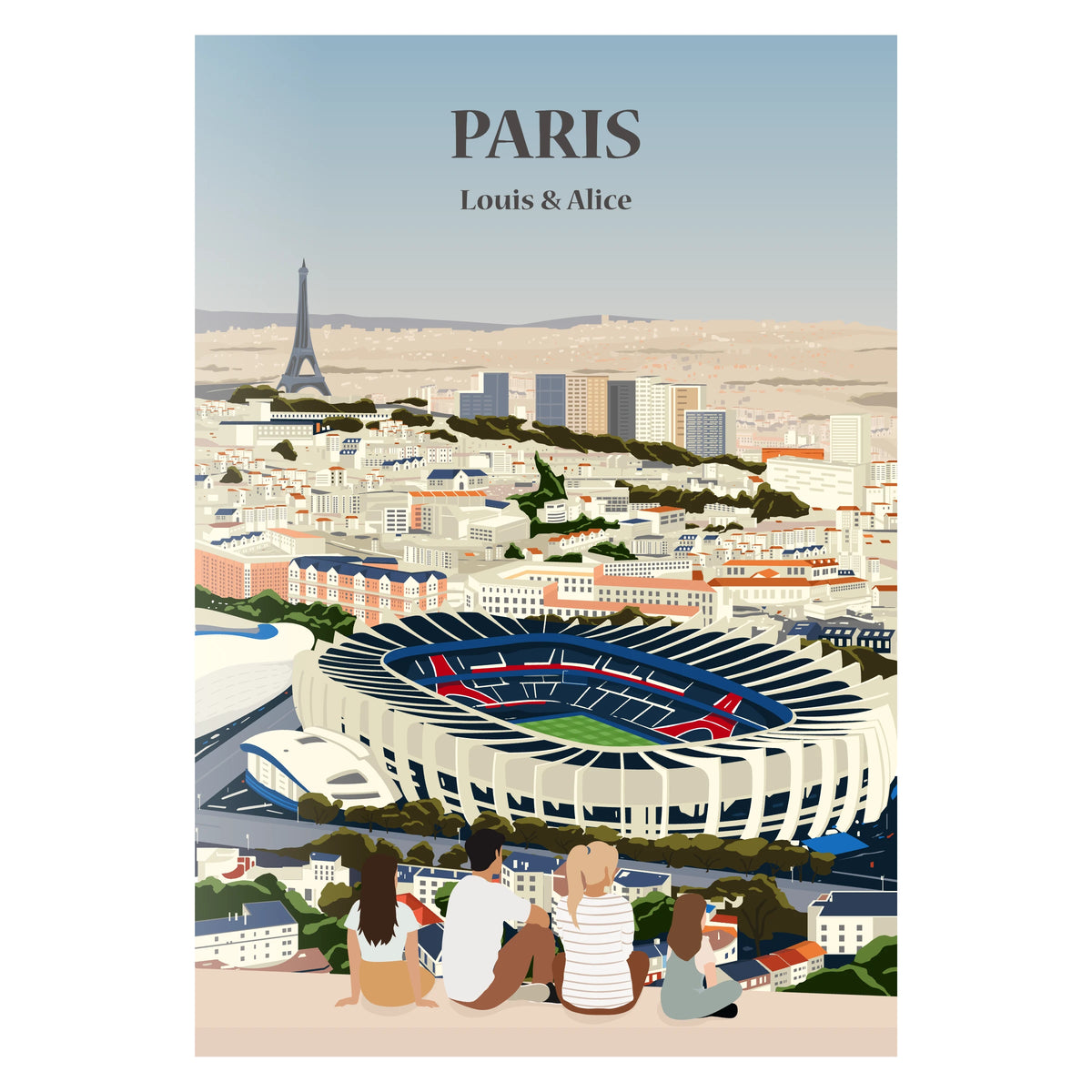 Affiche personnalisée d'une famille assise face aux monuments de Paris.