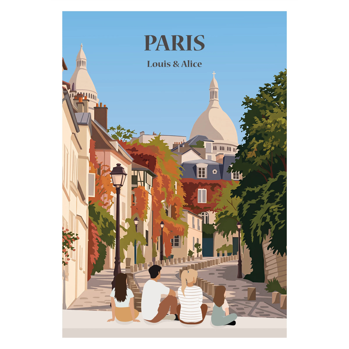 Affiche personnalisée d'une famille assise face aux monuments de Paris.