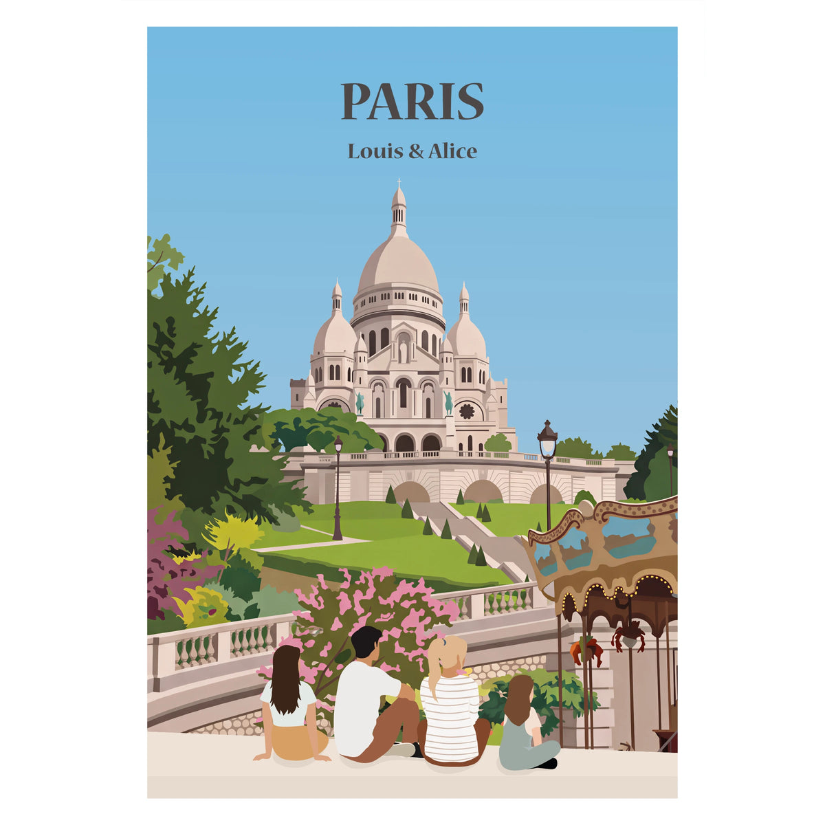 Affiche personnalisée d'une famille assise face aux monuments de Paris.